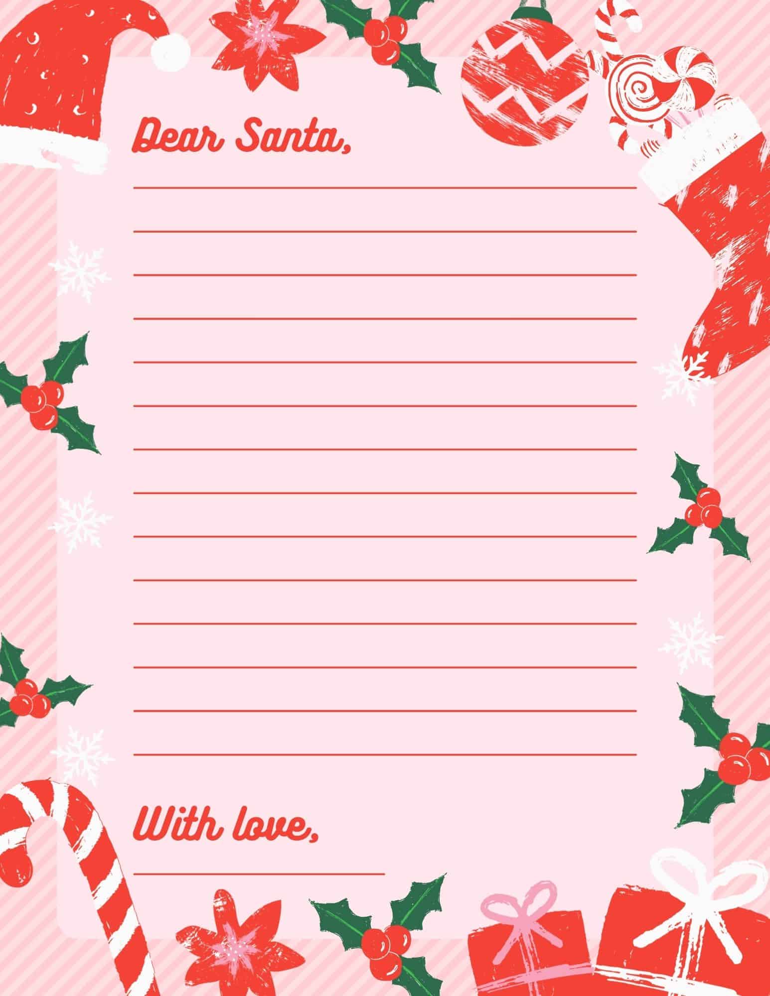 Letter to Santa template featuring Santa Claus theme, pink background, red writing lines, and festive border.