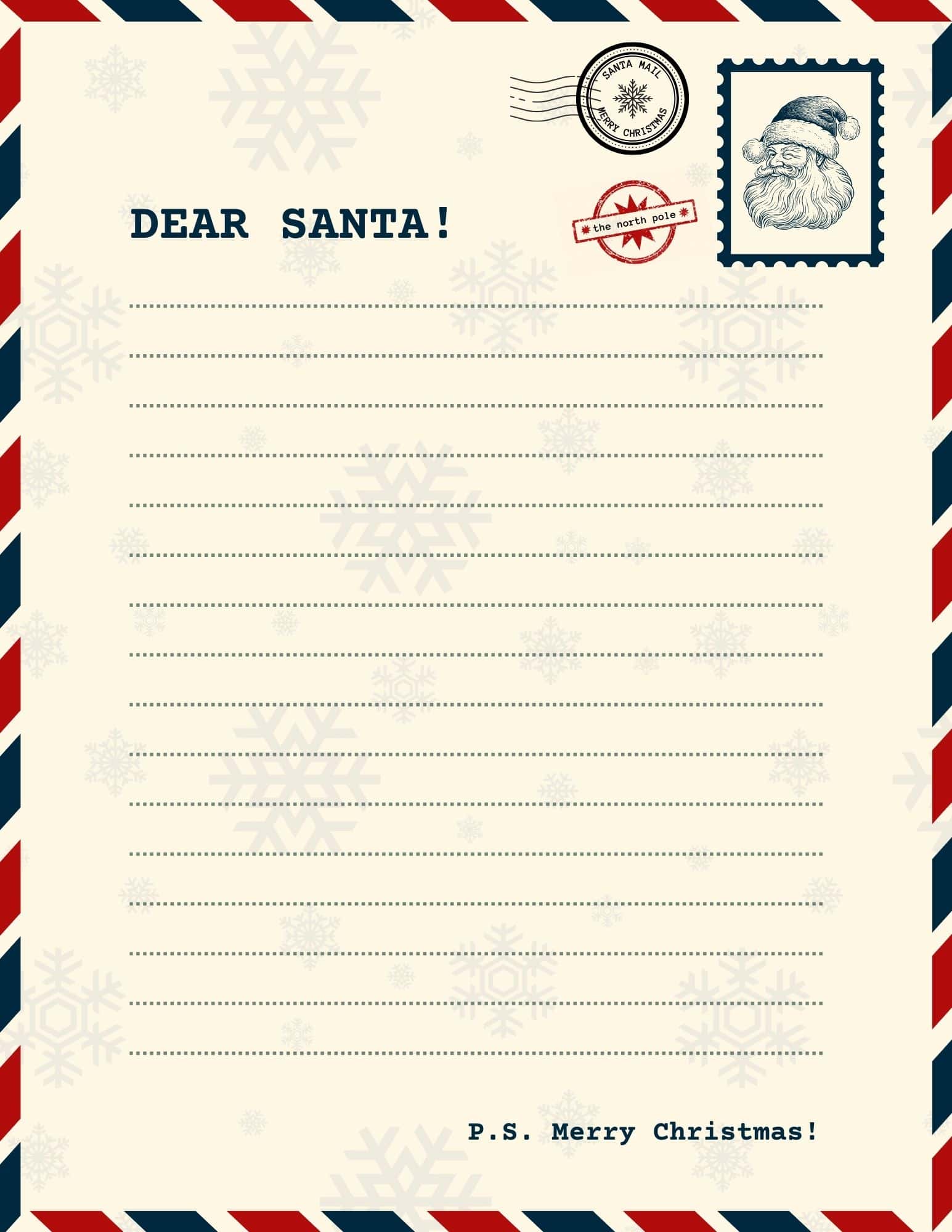 Dear Santa letter to Santa template with dotted lines, airmail border, and Santa stamps.