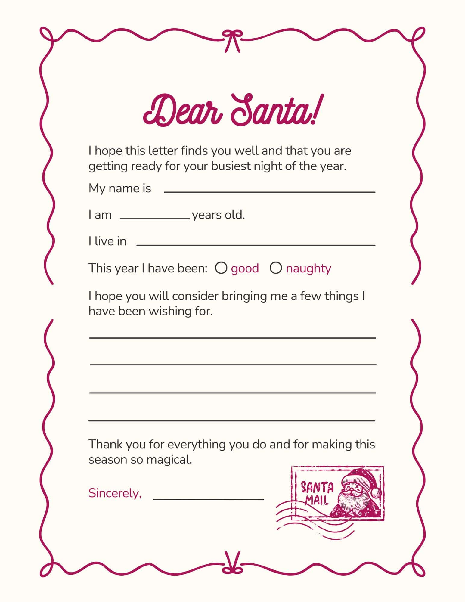 Dear Santa letter to Santa template with fill-in fields and decorative border.