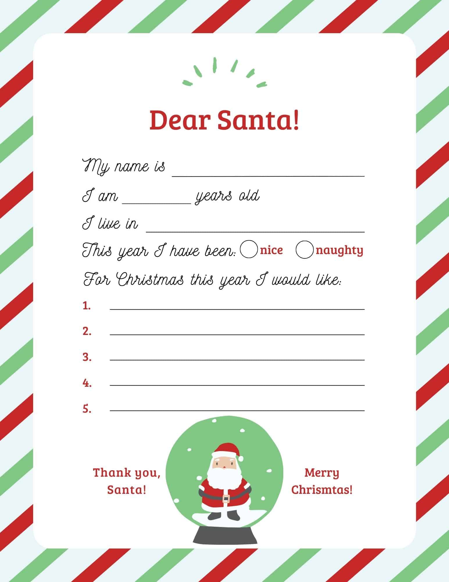 Dear Santa letter template with fill-in lines for name, age, and Christmas wishes, framed by a festive border.