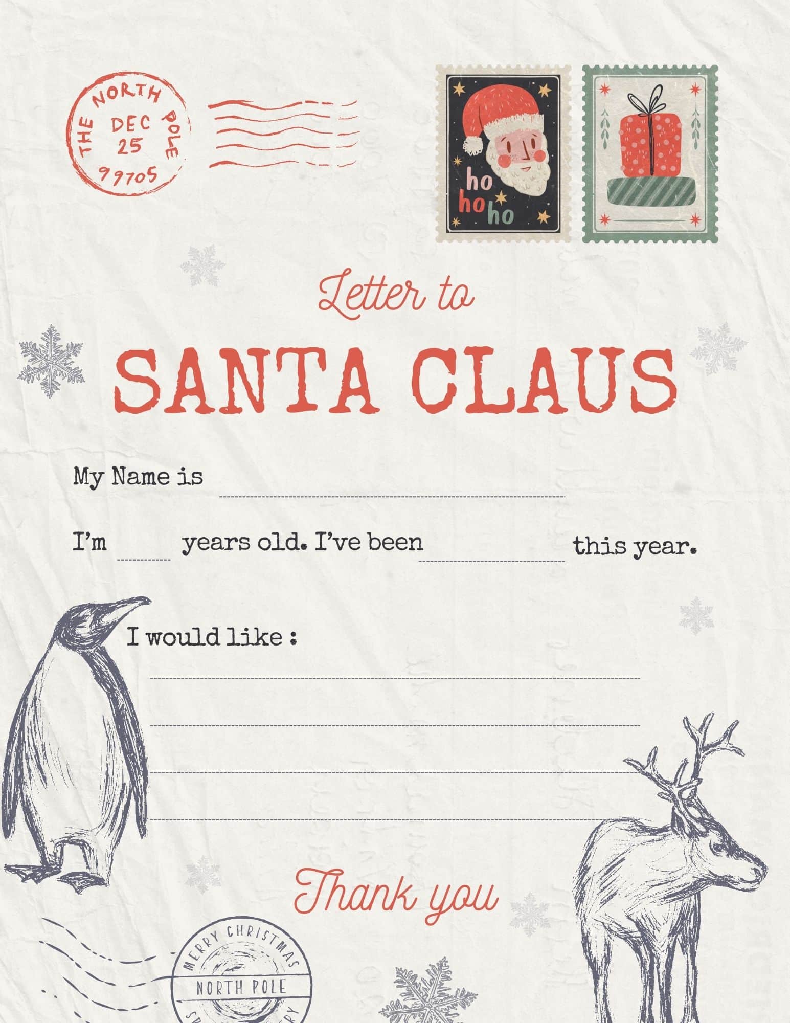 Letter to Santa Claus printable with stamps, Santa, reindeer, and penguin illustrations.