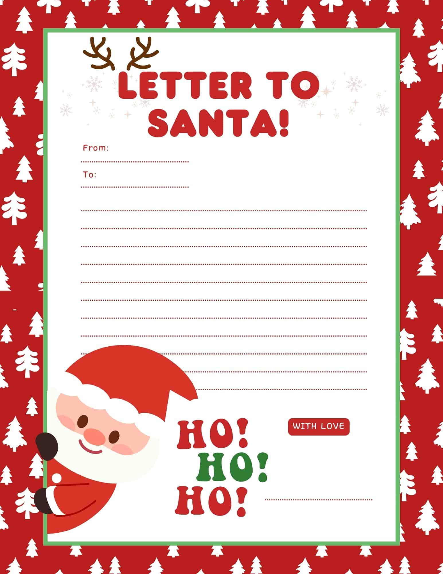 Letter to Santa template with Santa Claus illustration and dotted writing lines.