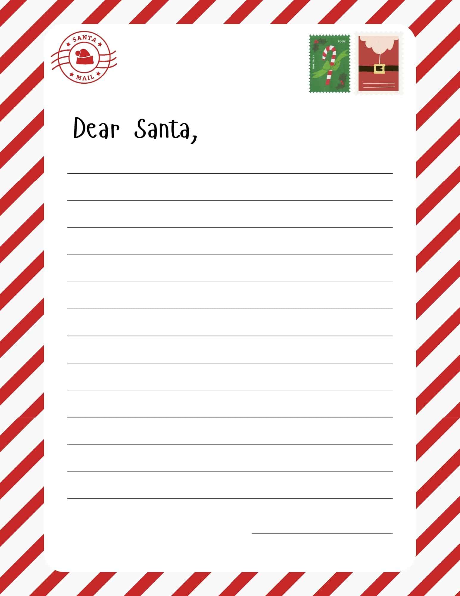 Letter to Santa template with 'Dear Santa,' lines, red striped border, and stamps.