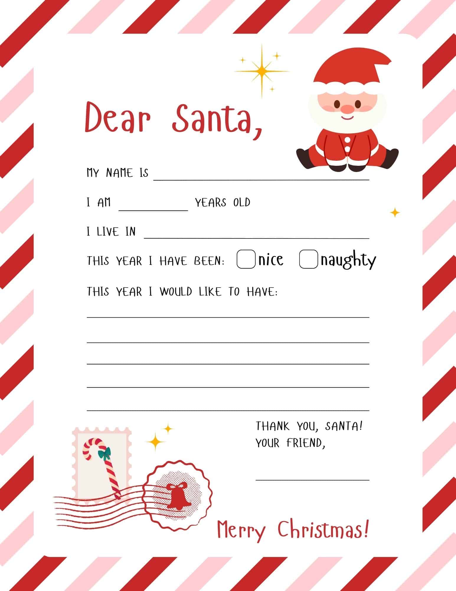Letter to Santa template with Santa illustration and candy-cane border, featuring lines for name, age, address, and wishes.