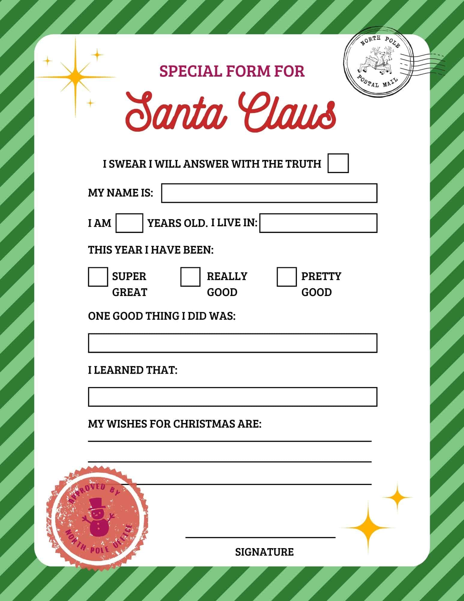 Printable letter to Santa template with Santa Claus header and fillable fields.