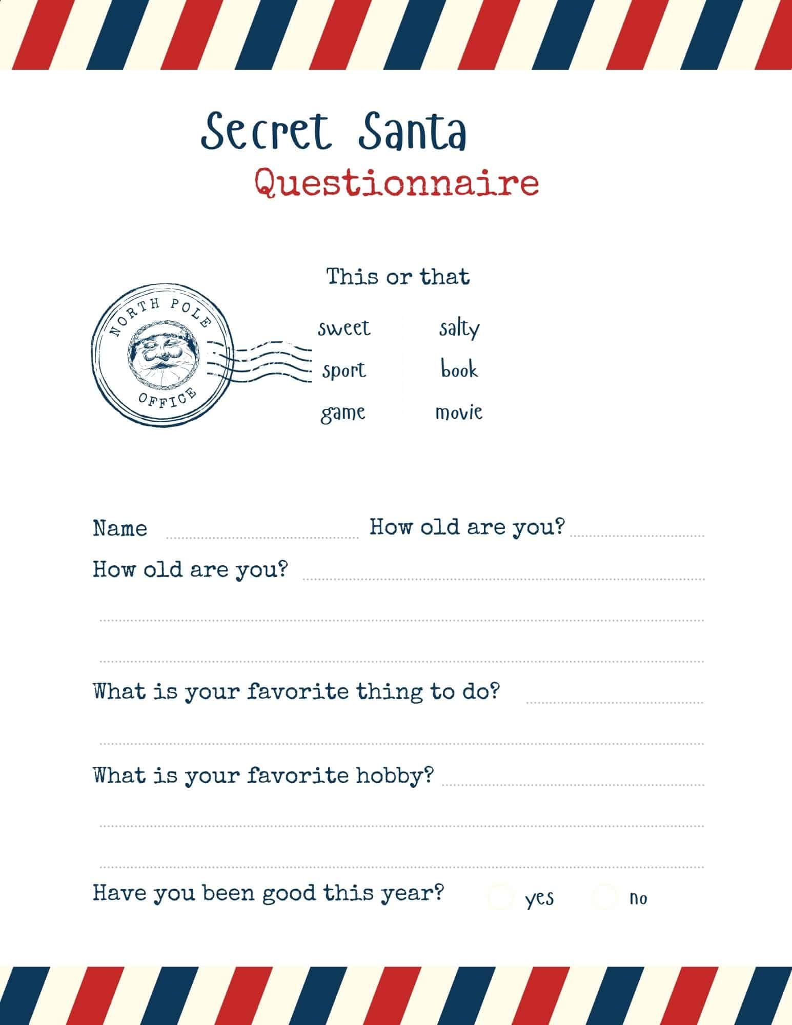 Secret Santa questionnaire worksheet with a vintage stamp image and dotted lines for fill-in details.