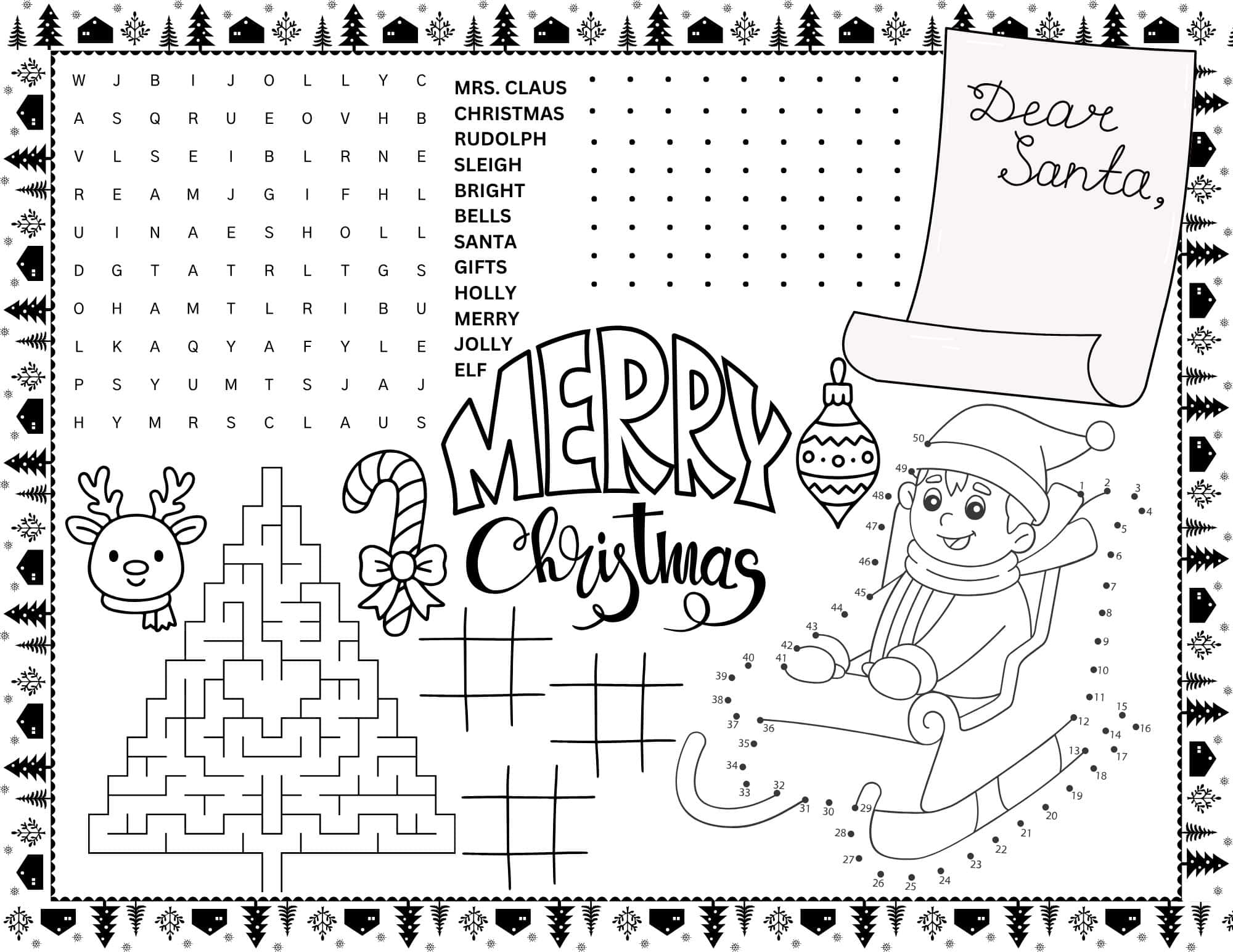 Printable kid's Christmas activity placemats for kids and family, with word search, dots, and coloring, plus Dear Santa.