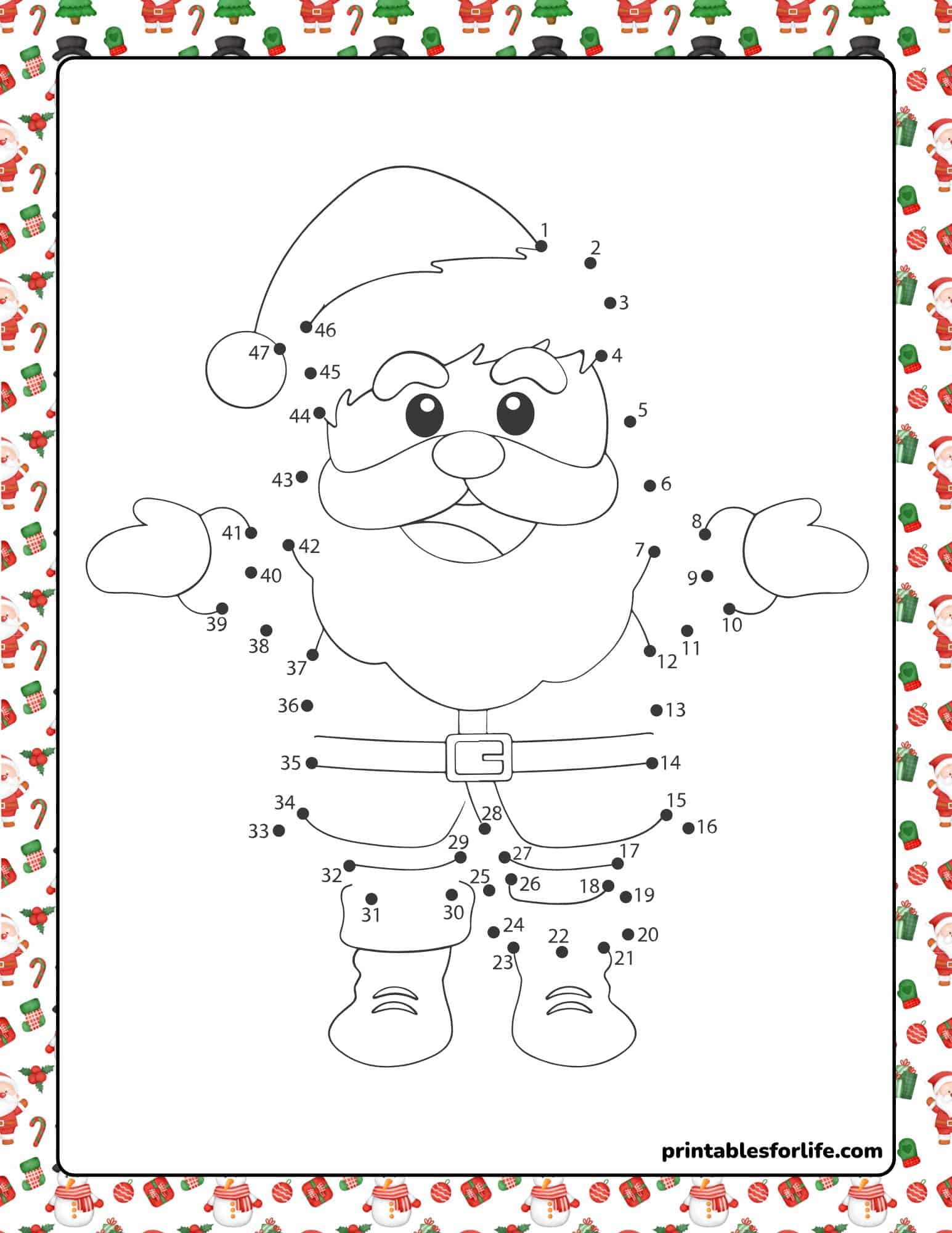 Connect the dots Christmas worksheet featuring Santa; a printable Christmas game for kids and preschoolers.