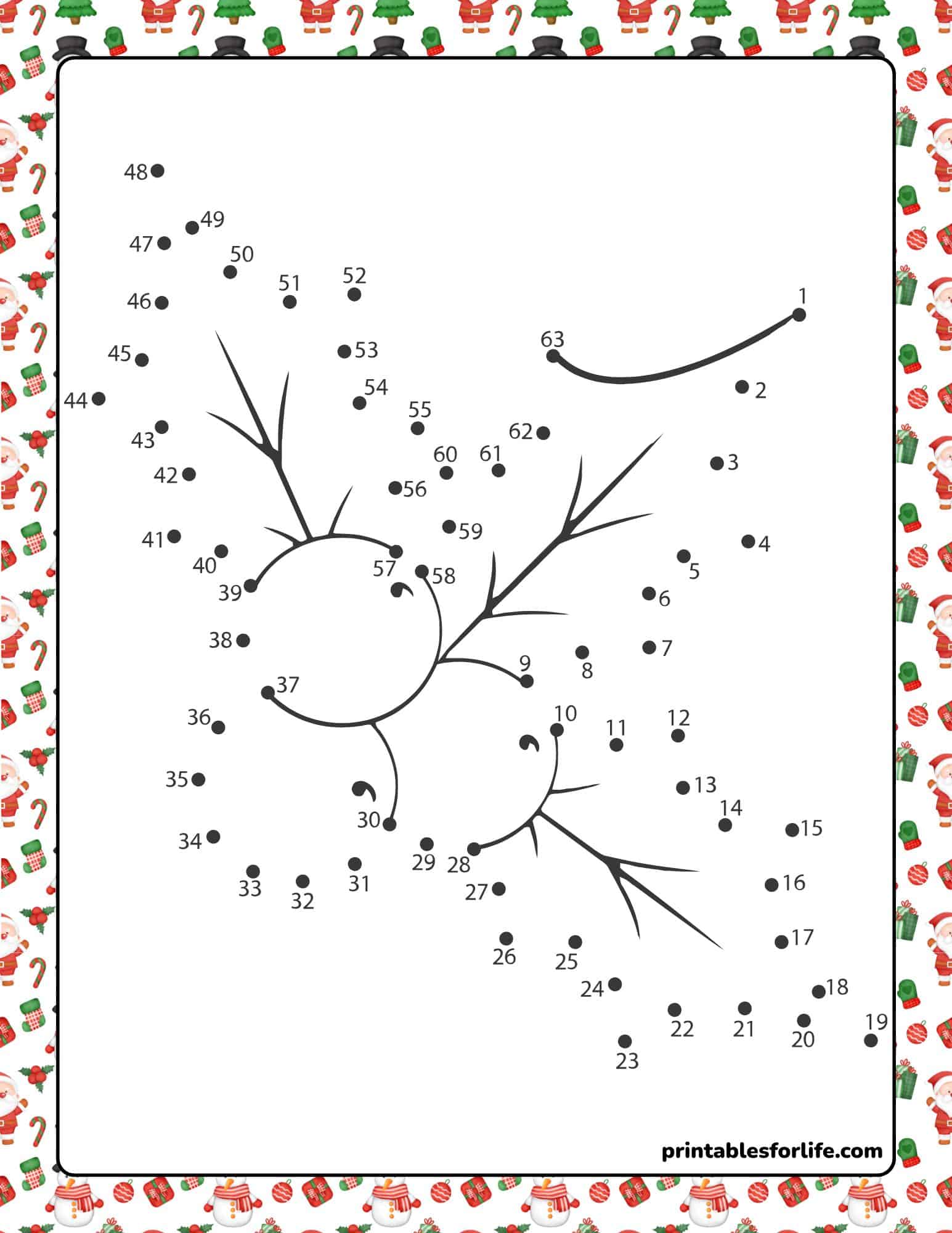 Connect the dots Christmas worksheet with a tree design for kids.