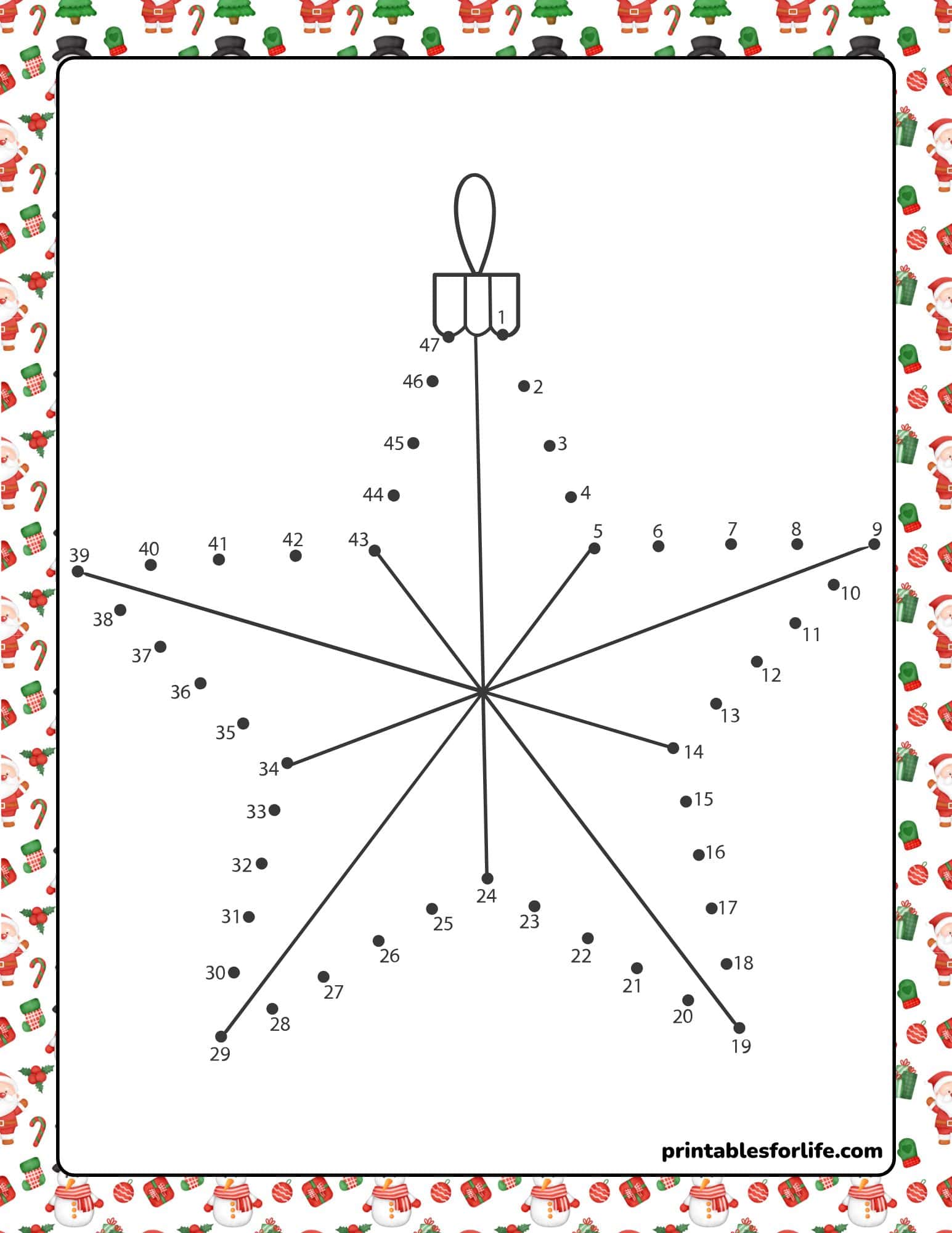 Printable Christmas dot to dot worksheets: a connect the dots Christmas worksheet for kids and preschoolers.