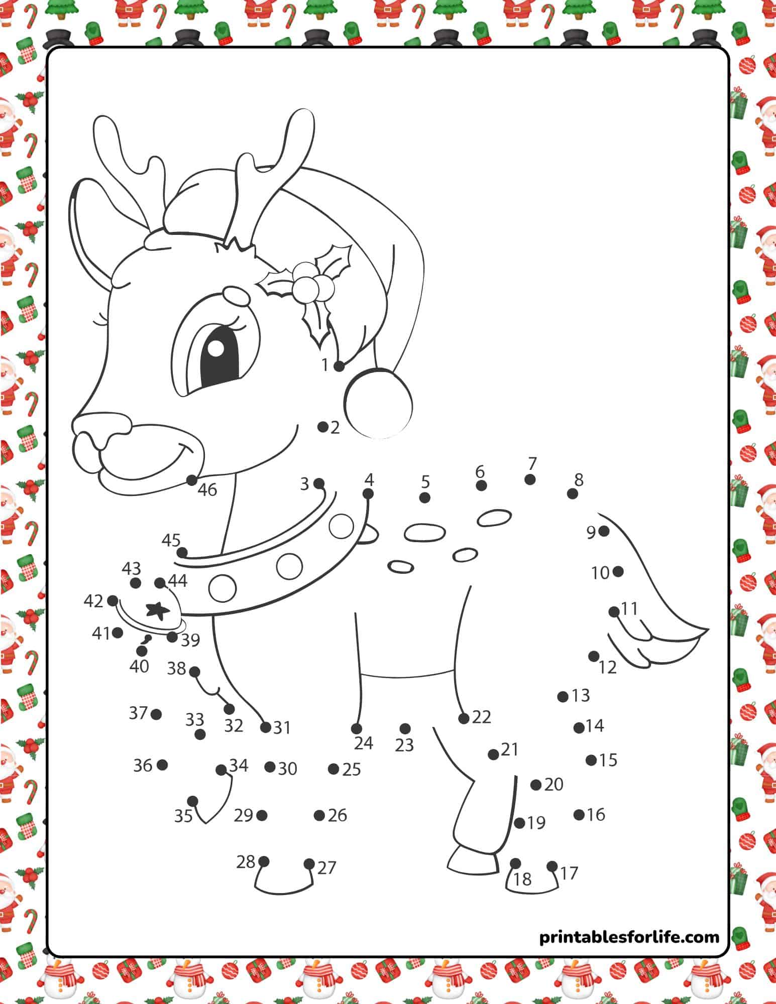 Printable Christmas connect-the-dots worksheet featuring a reindeer with holly, for kids.