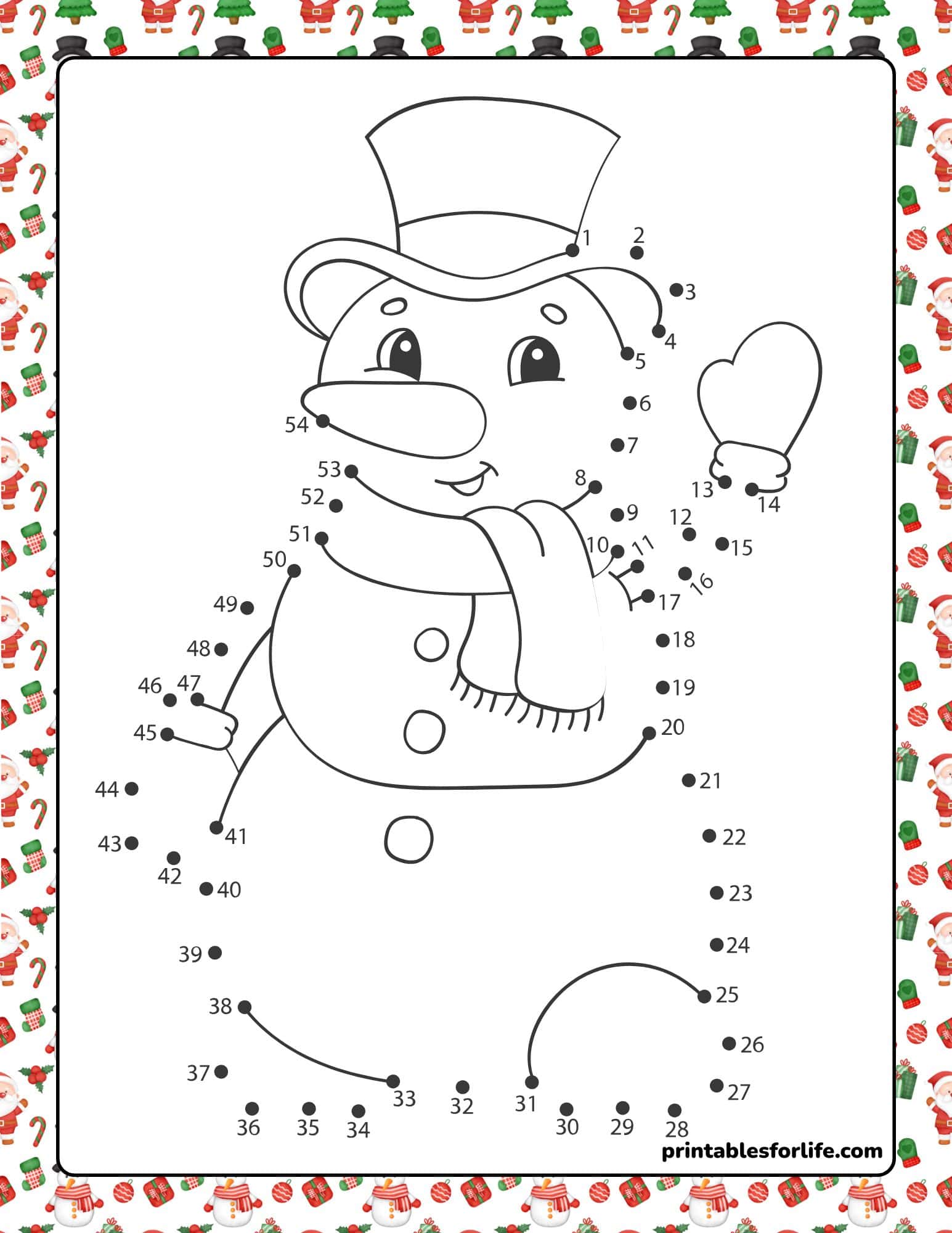 Printable Christmas dot to dot worksheet; connect the dots Christmas worksheet with a snowman for kids.