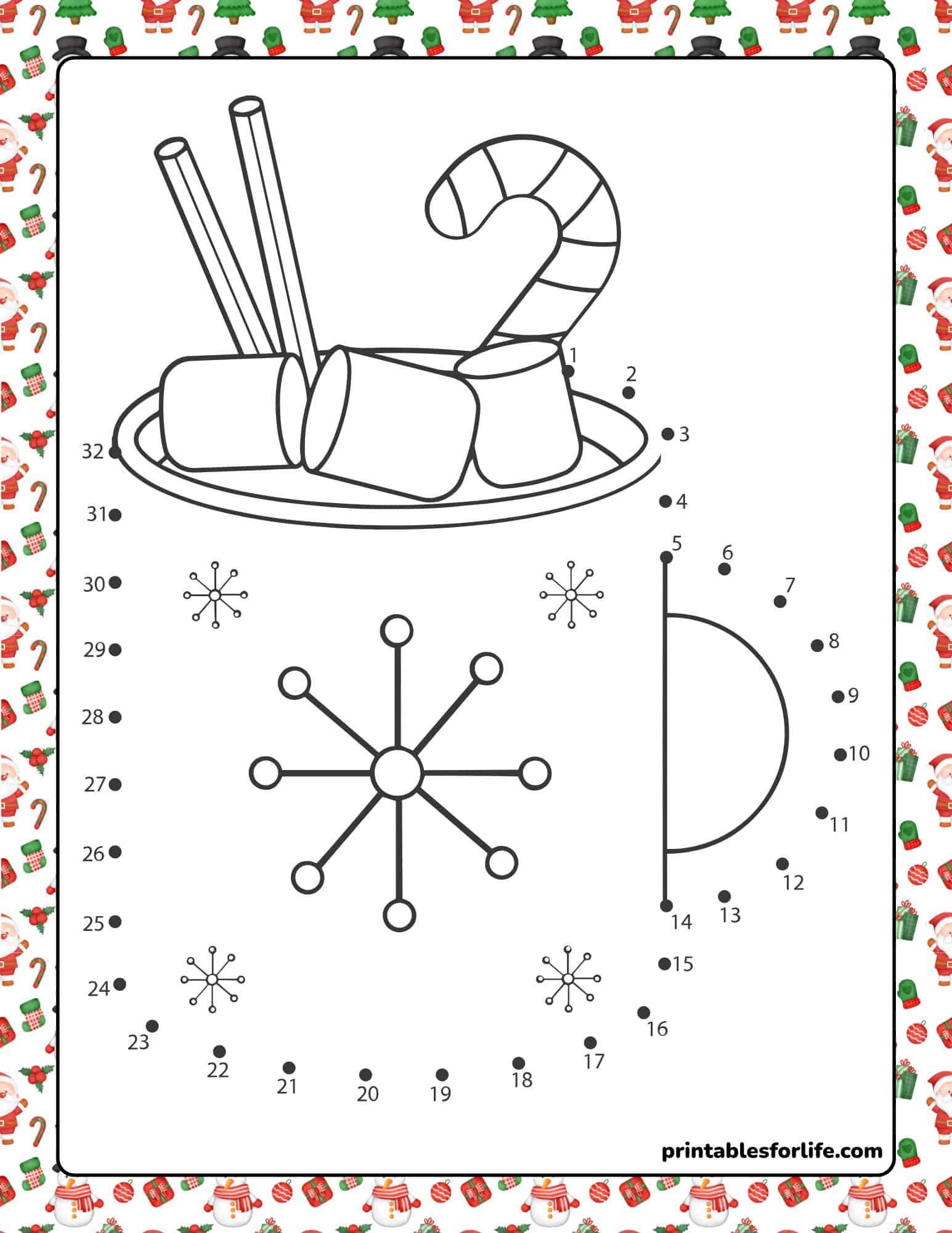 Printable connect the dots Christmas worksheet for kids with snowflakes and a candy cane.