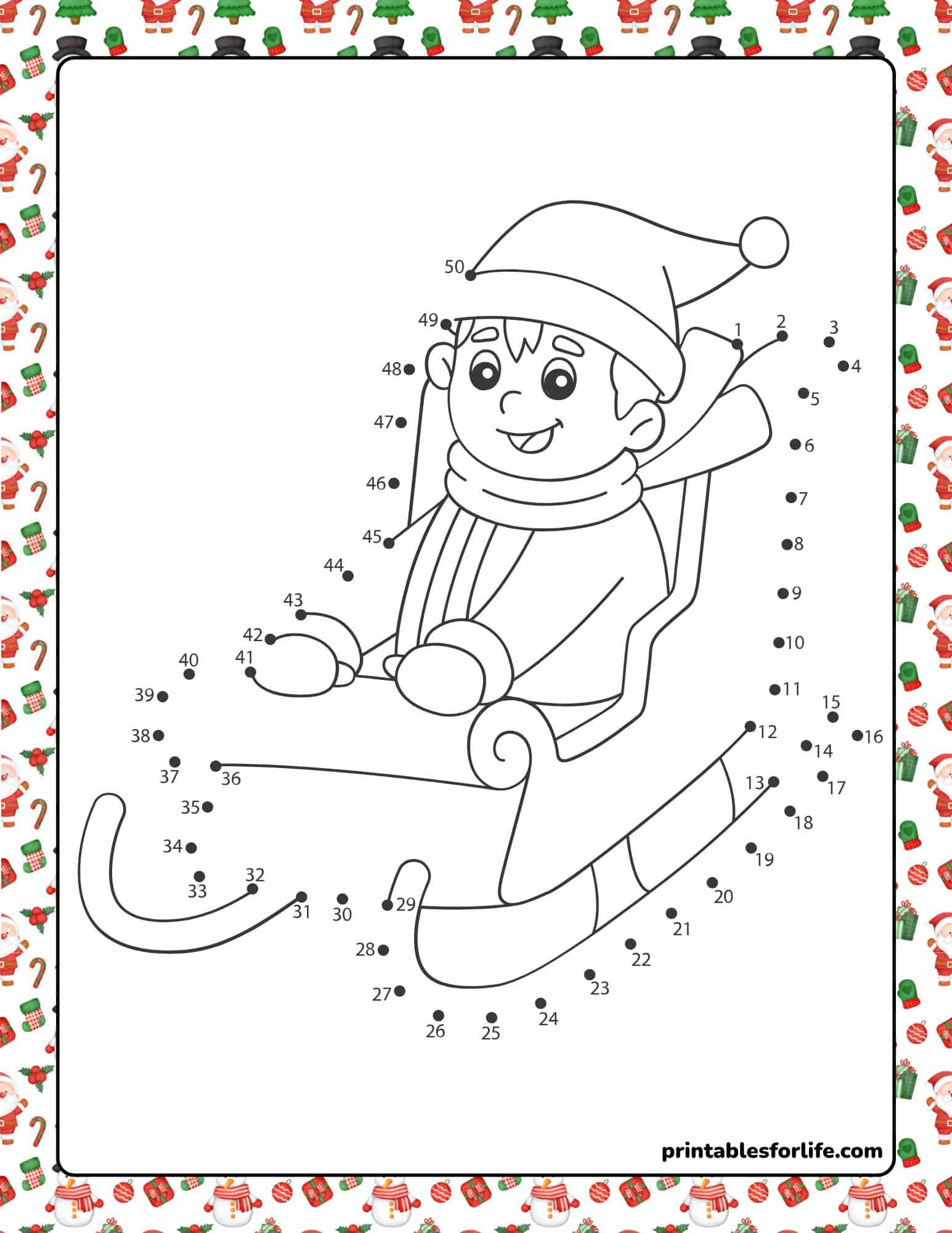 Printable connect the dots Christmas worksheet featuring a child on a sleigh.