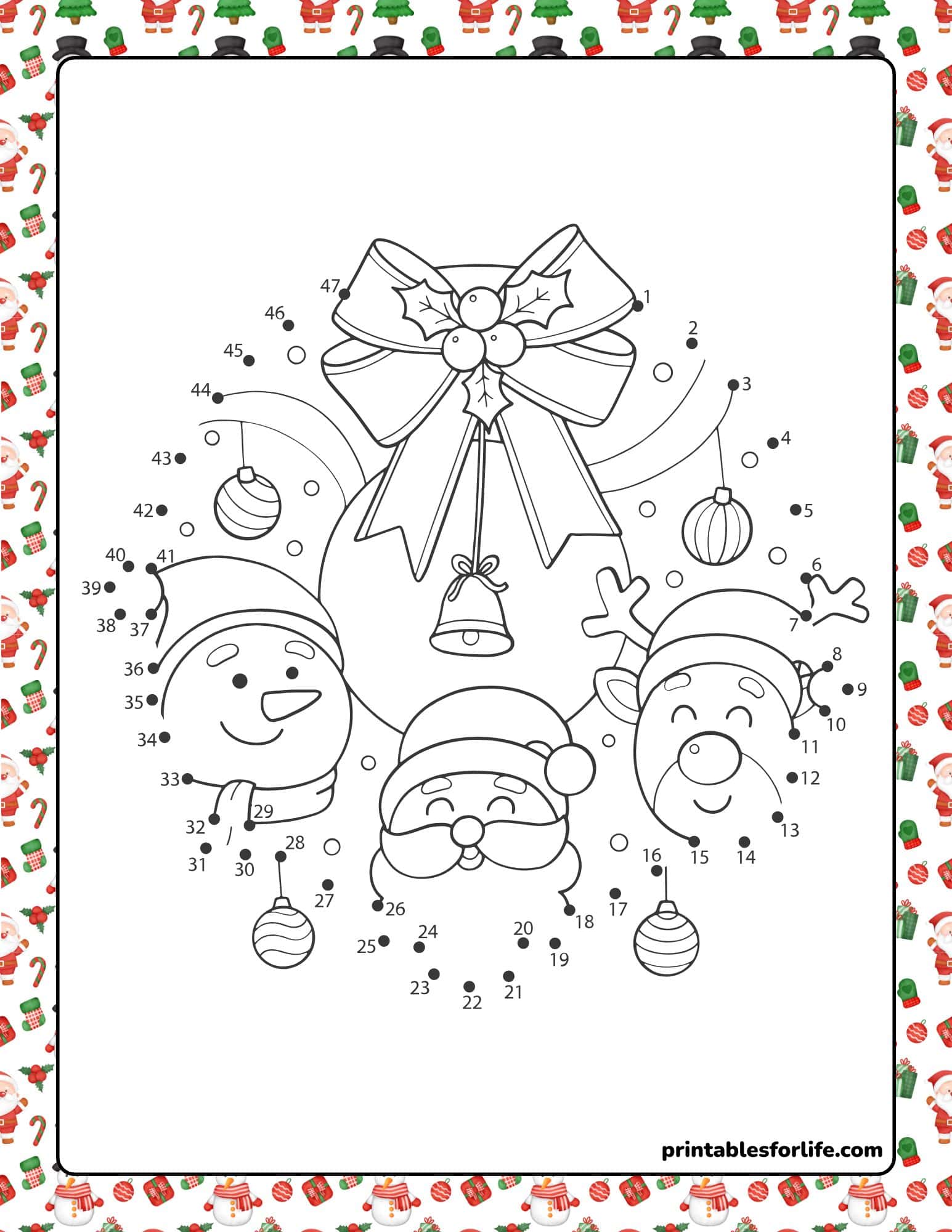 Connect the dots Christmas worksheet featuring Santa, a snowman, and a reindeer.