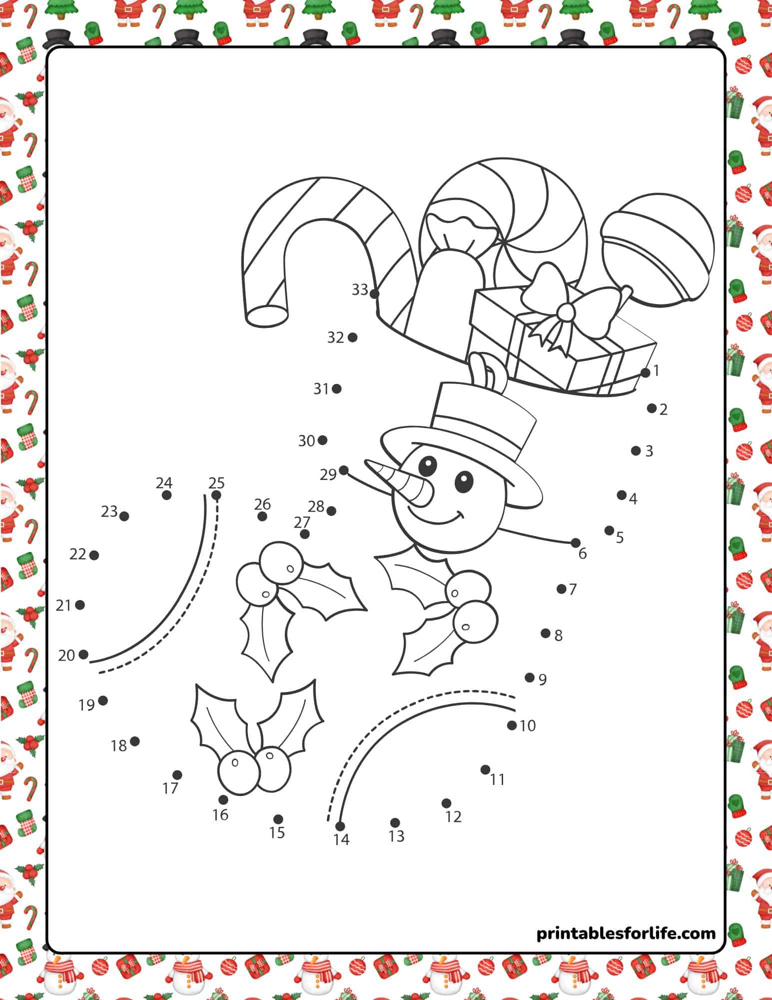 Printable Christmas dot-to-dot worksheets featuring a snowman, candy canes, holly, and gifts.