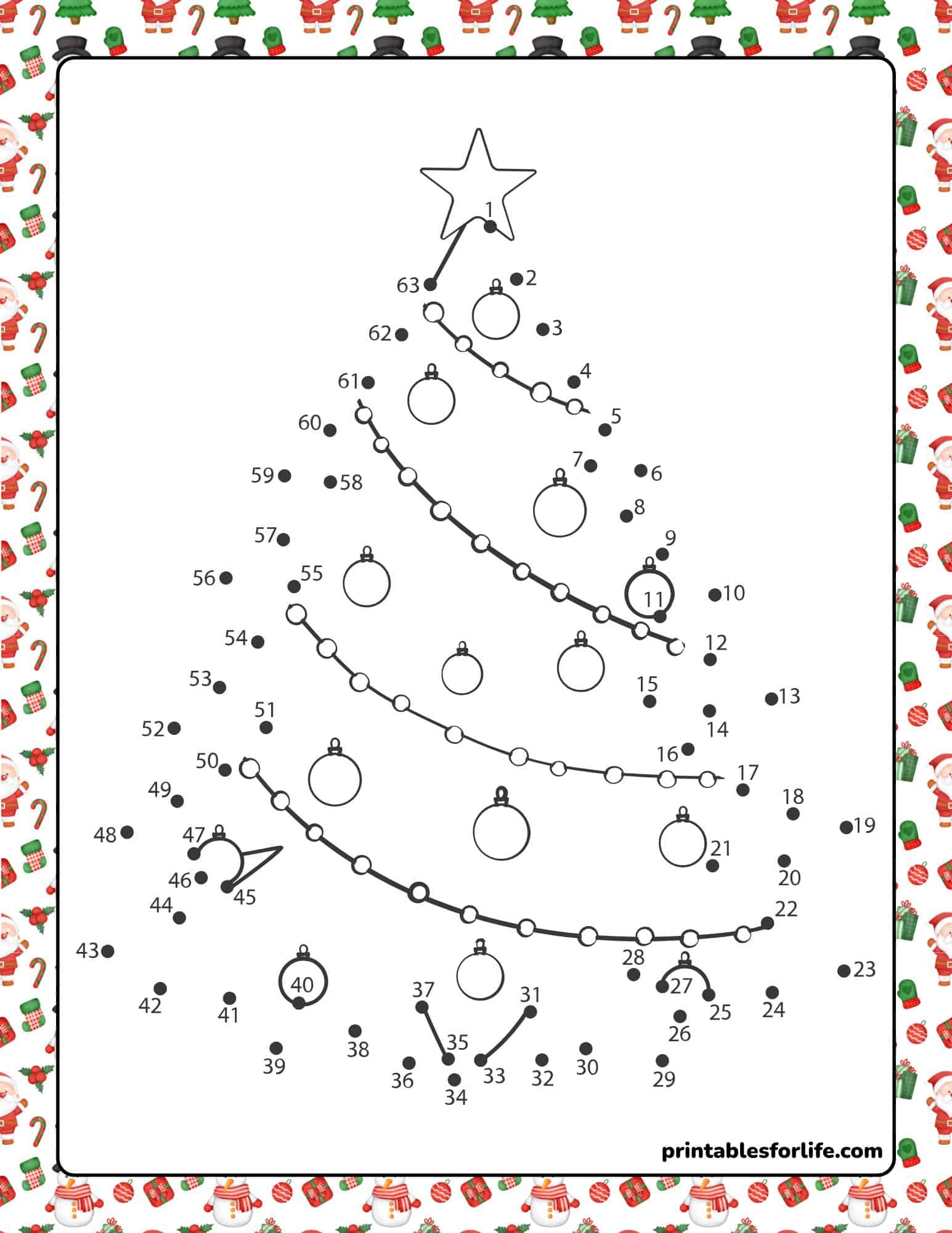 Printable Christmas dot-to-dot worksheet reveals a decorated tree when completed.