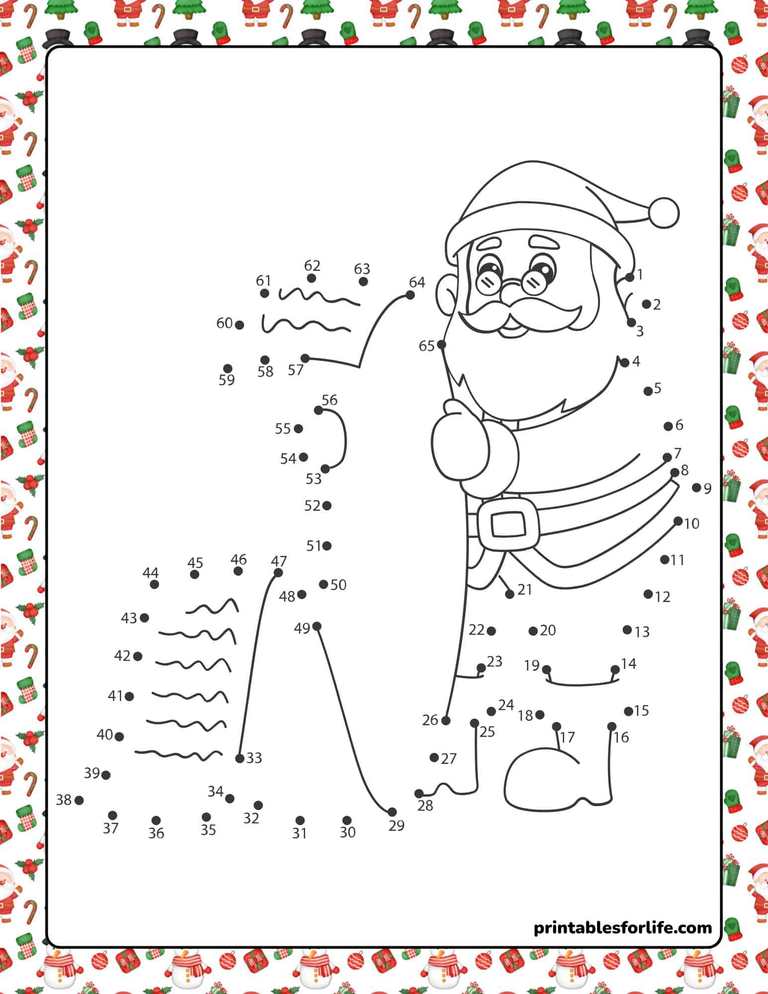 Printable Christmas dot to dot worksheets featuring Santa for kids; great for preschool activities and classroom ideas.