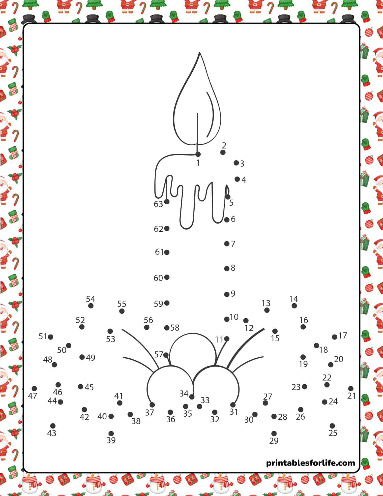Printable Christmas dot-to-dot worksheet with a candle and melting wax design.
