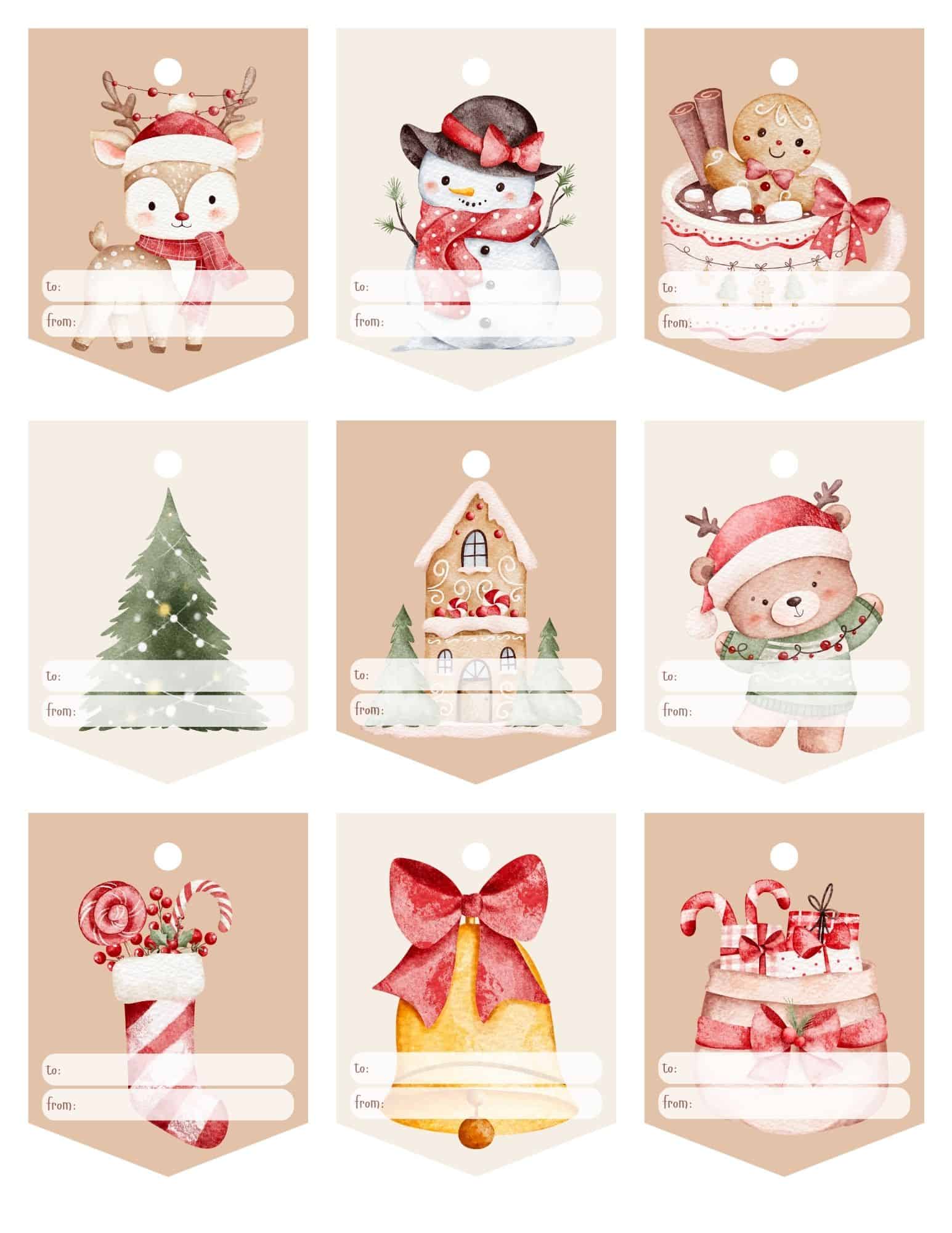 Nine printable Christmas gift labels with cute illustrations and To/From fields.