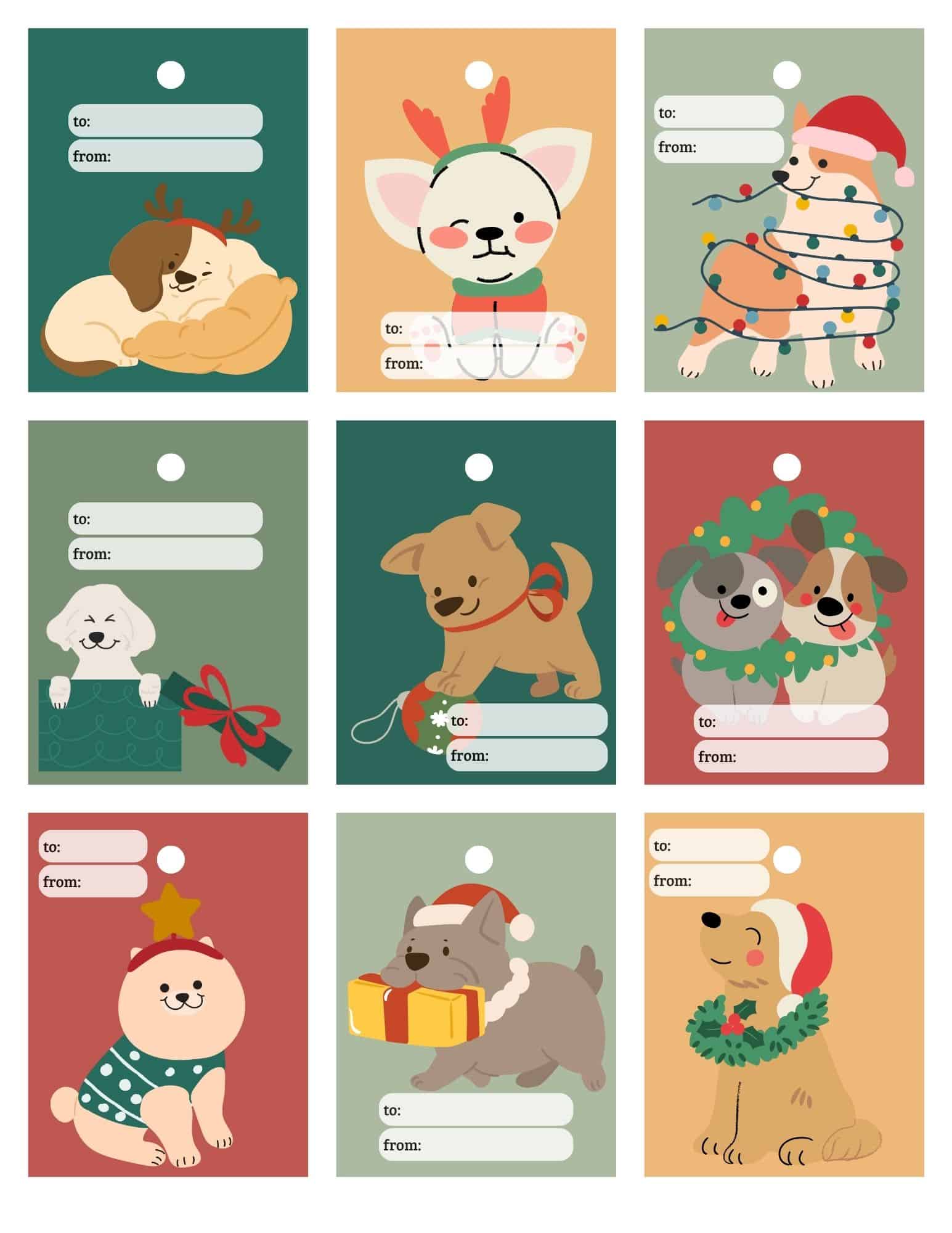 Set of 12 printable Christmas gift tags featuring cute dogs and reindeer with to and from fields.