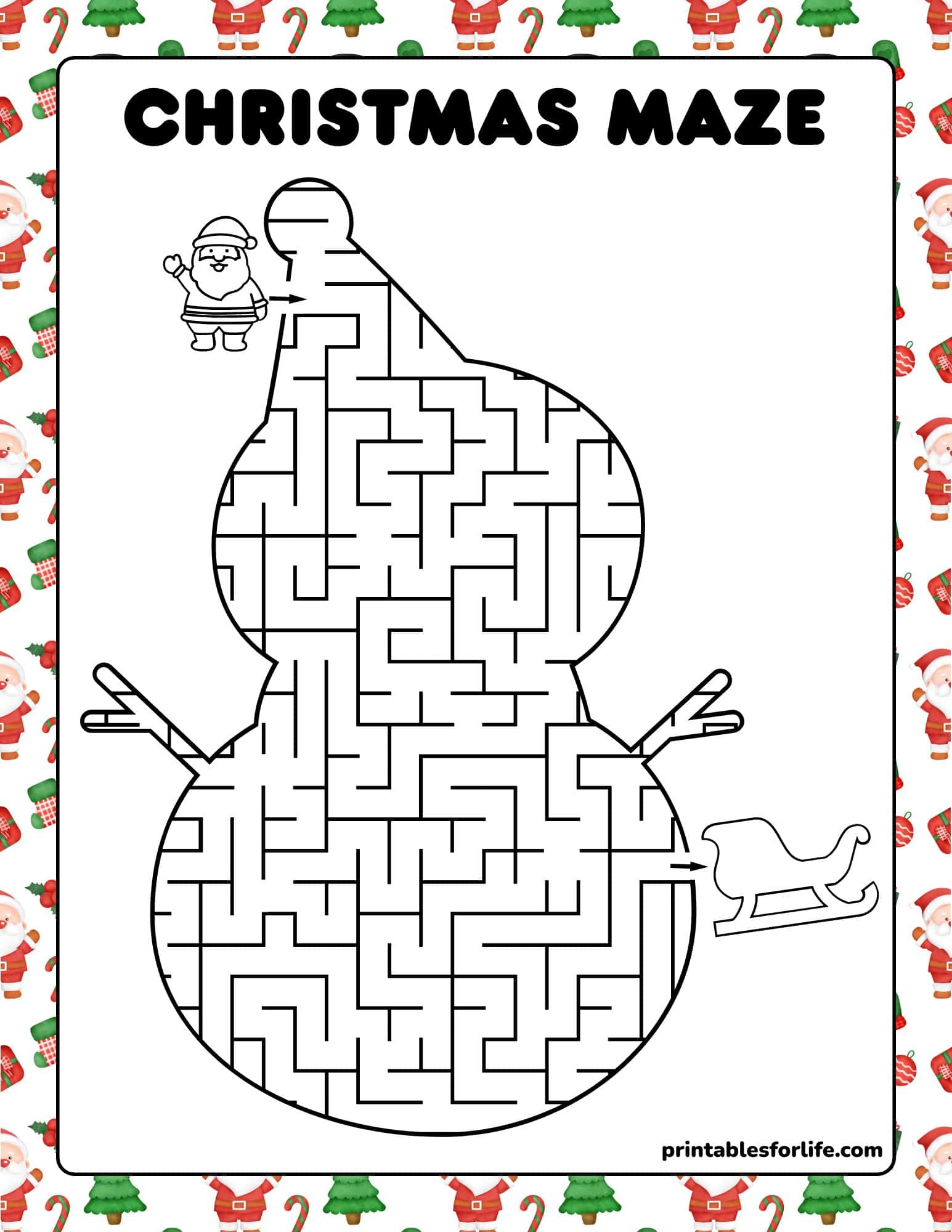 Printable Christmas maze shaped like a snowman, with Santa and a sleigh, framed by a festive border.