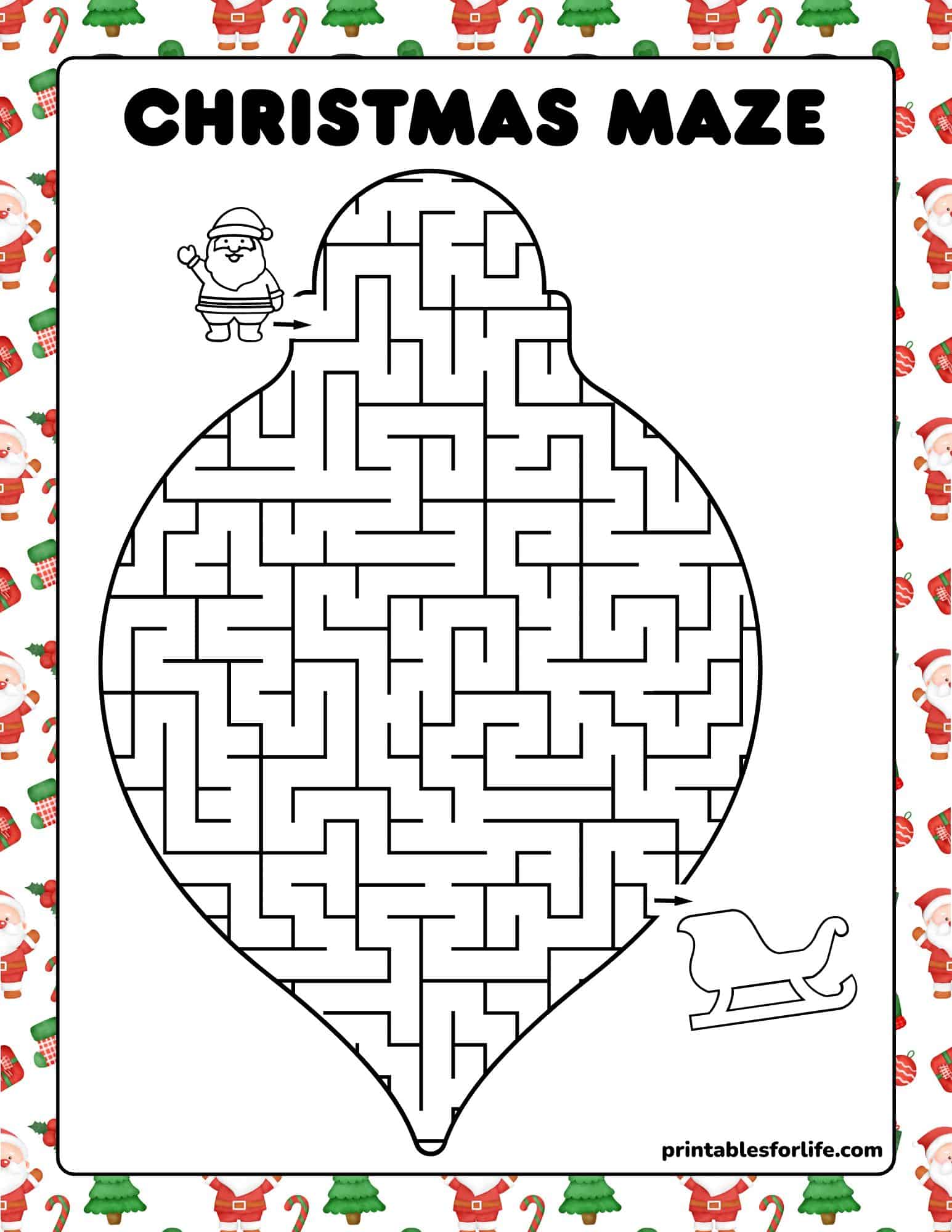 Printable Christmas mazes for kids and families, featuring Santa and a balloon-shaped maze.