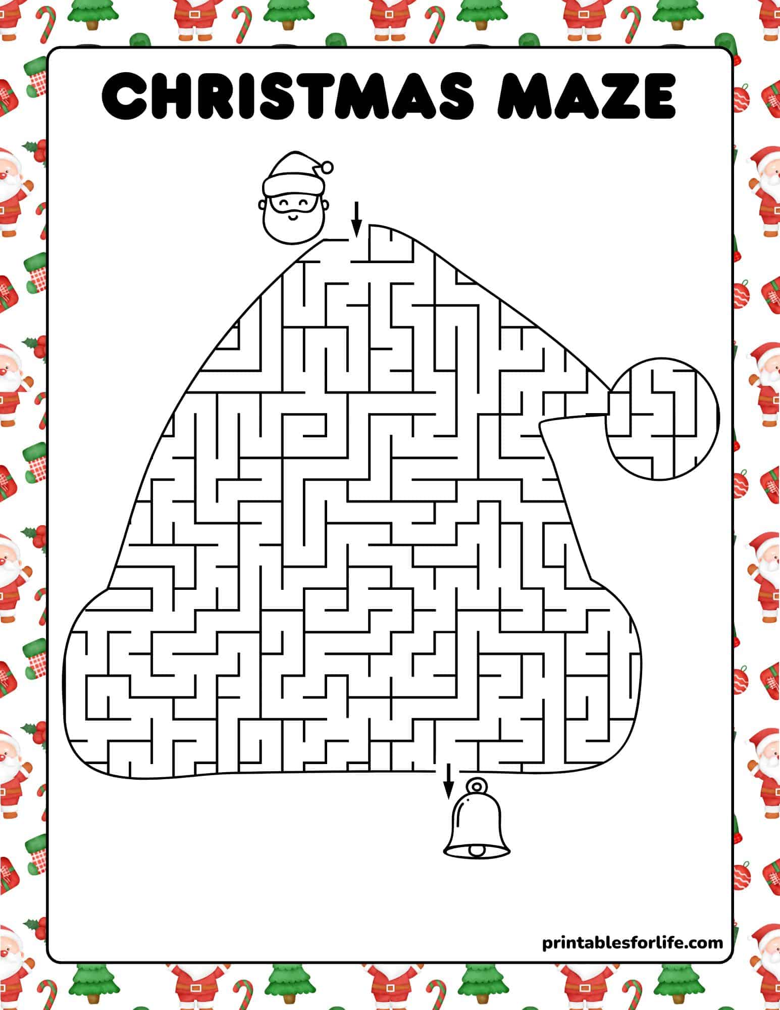 Printable Christmas mazes: Santa hat maze for kids, perfect for family Christmas games and Christmas worksheets.