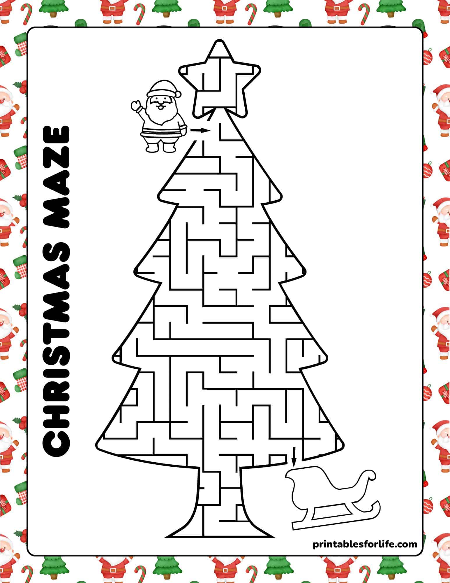 Printable Christmas maze with a tree design and Santa for kids and family.