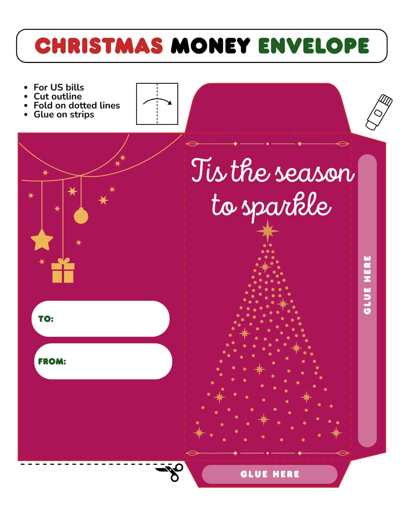 Printable Christmas money envelope template with magenta gift design and To/From fields.
