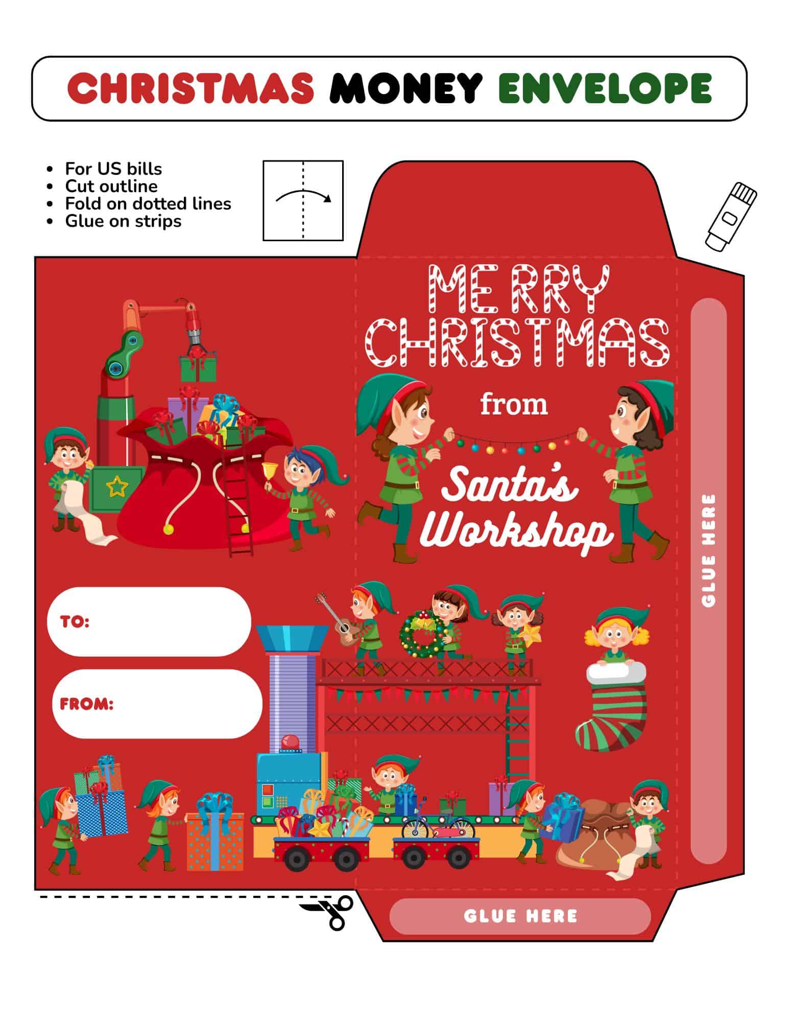 Printable Christmas money envelope template with Santa's Workshop design, To/From fields, and a red festive layout.