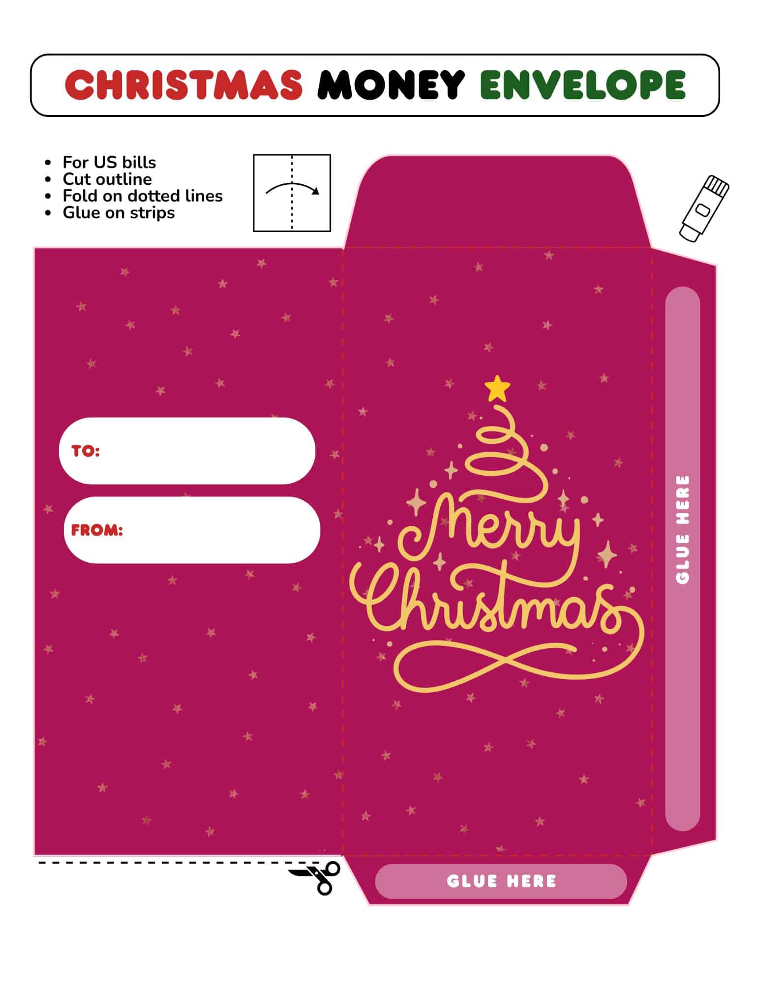 Printable Christmas money envelope template for money gift envelopes, pink with stars and Merry Christmas script.