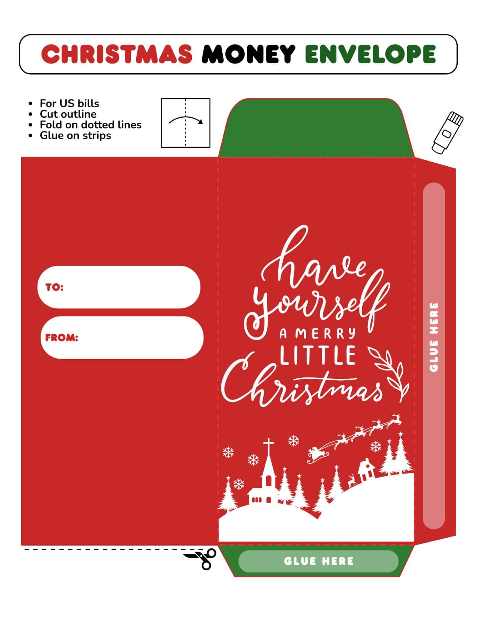 Printable Christmas money envelope template with To/From labels, red envelope, and green tab.