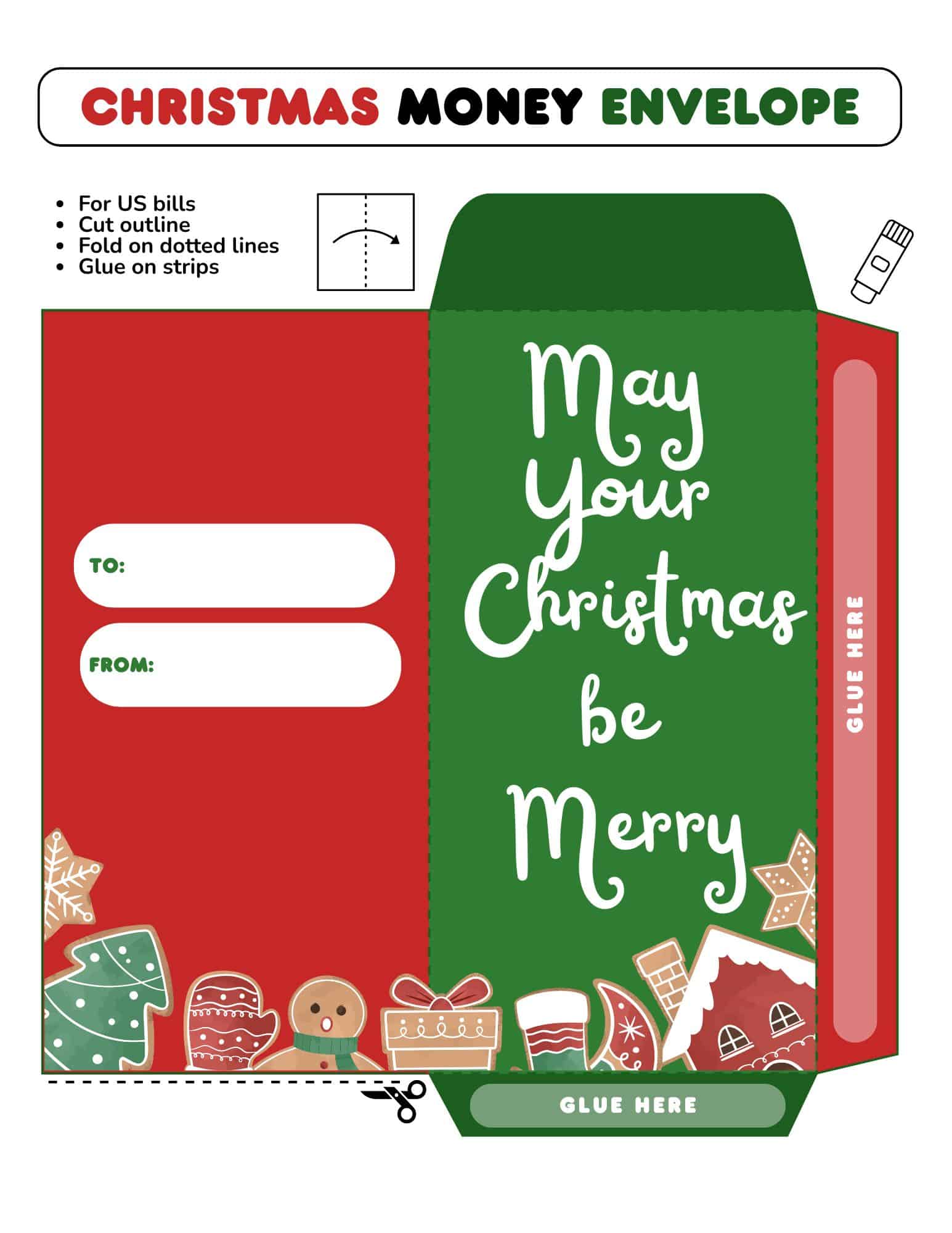 Printable Christmas money envelope template with red and green panels and 'May Your Christmas be Merry' design.
