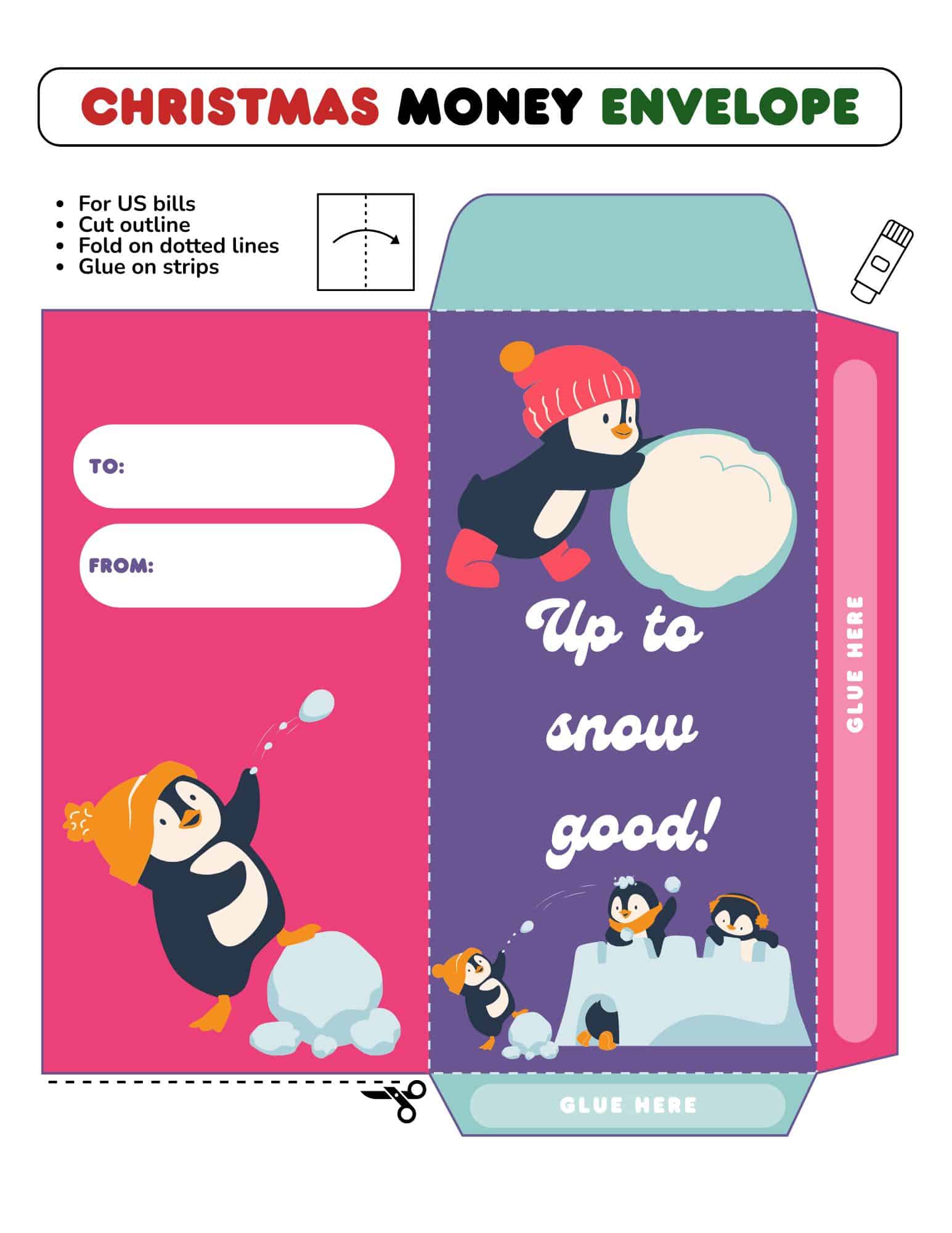 Printable Christmas money envelope template with penguin illustrations for Christmas printables.