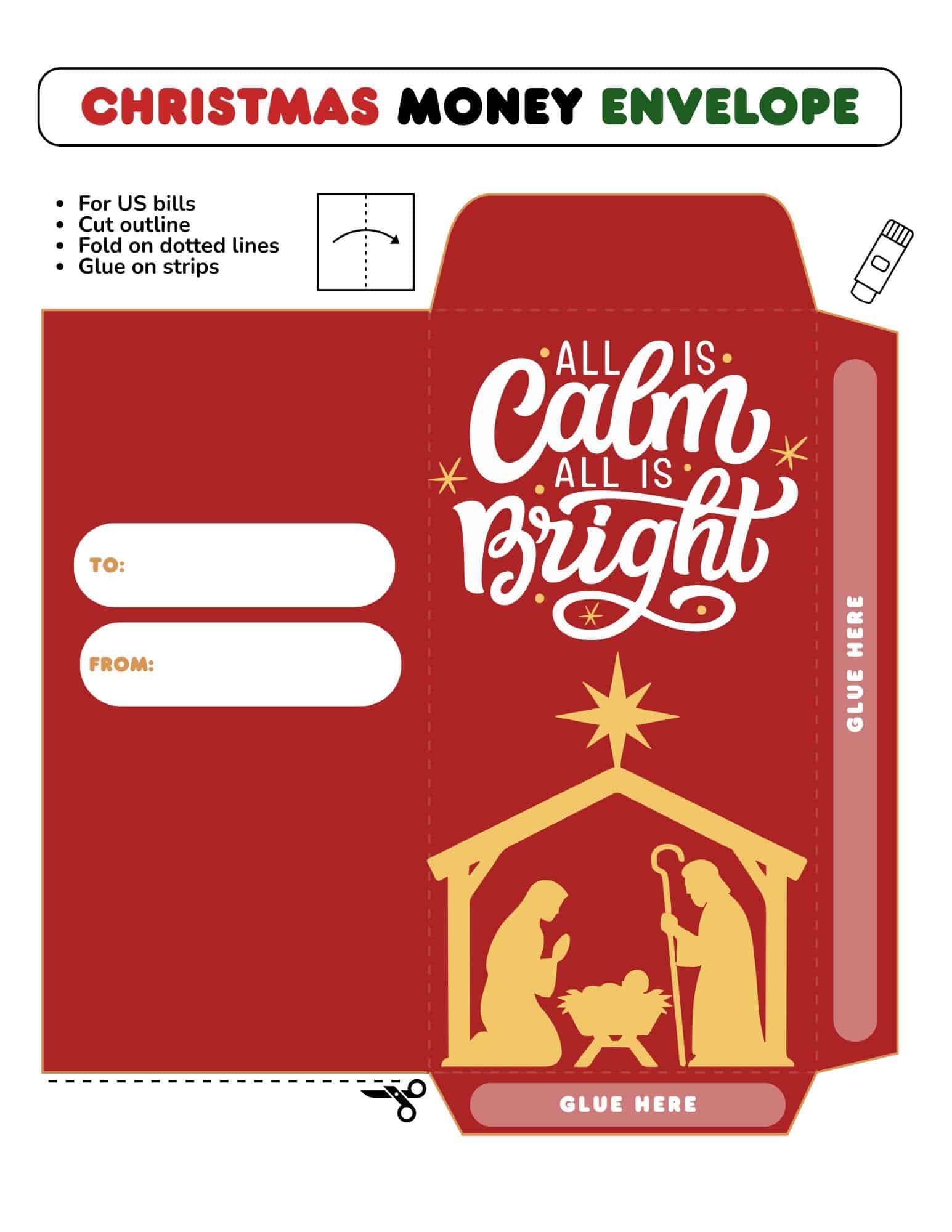 Printable Christmas money envelope template in red with a nativity scene and a glue tab.