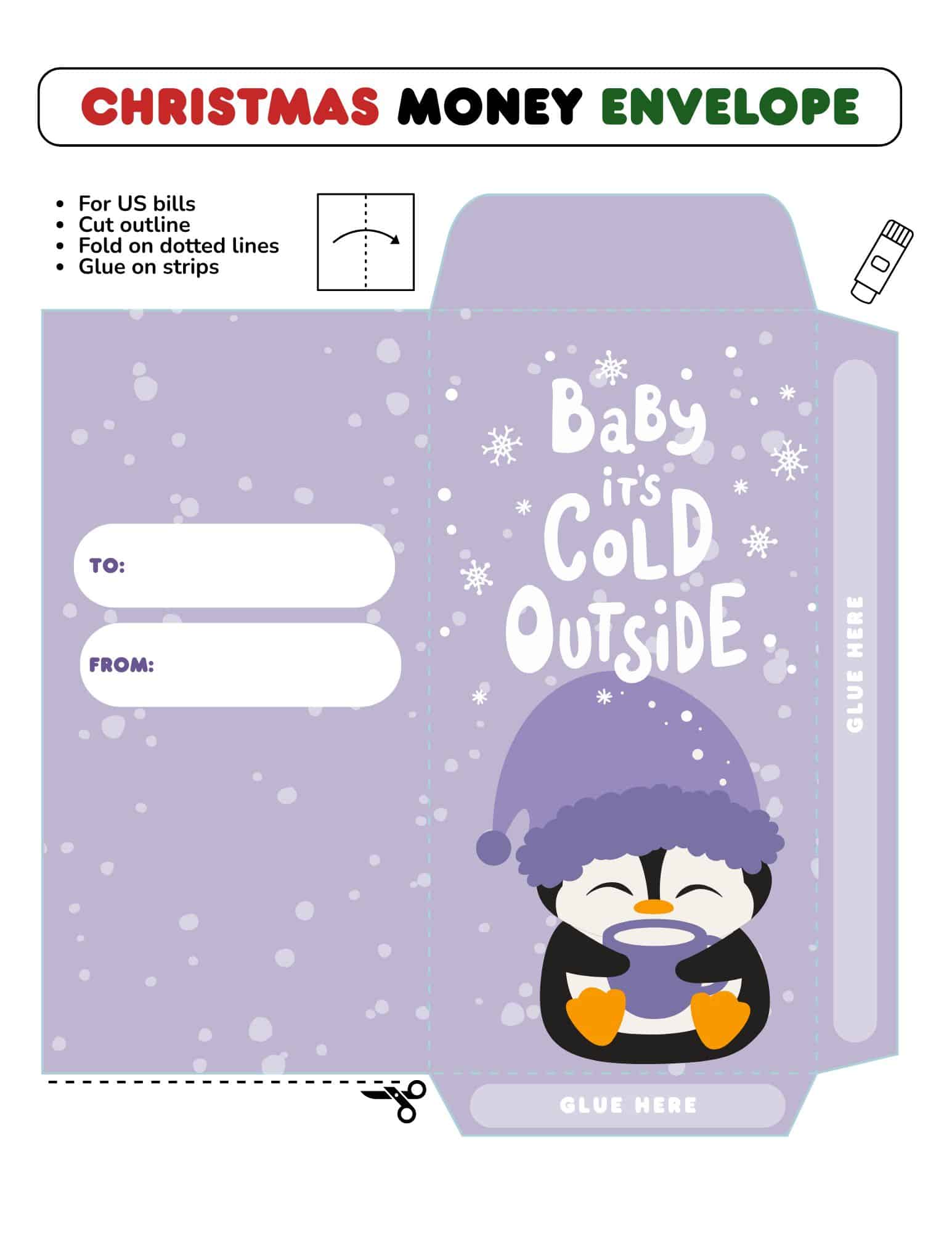 Printable Christmas money envelope template with a purple penguin, snowflakes, and To/From fields.