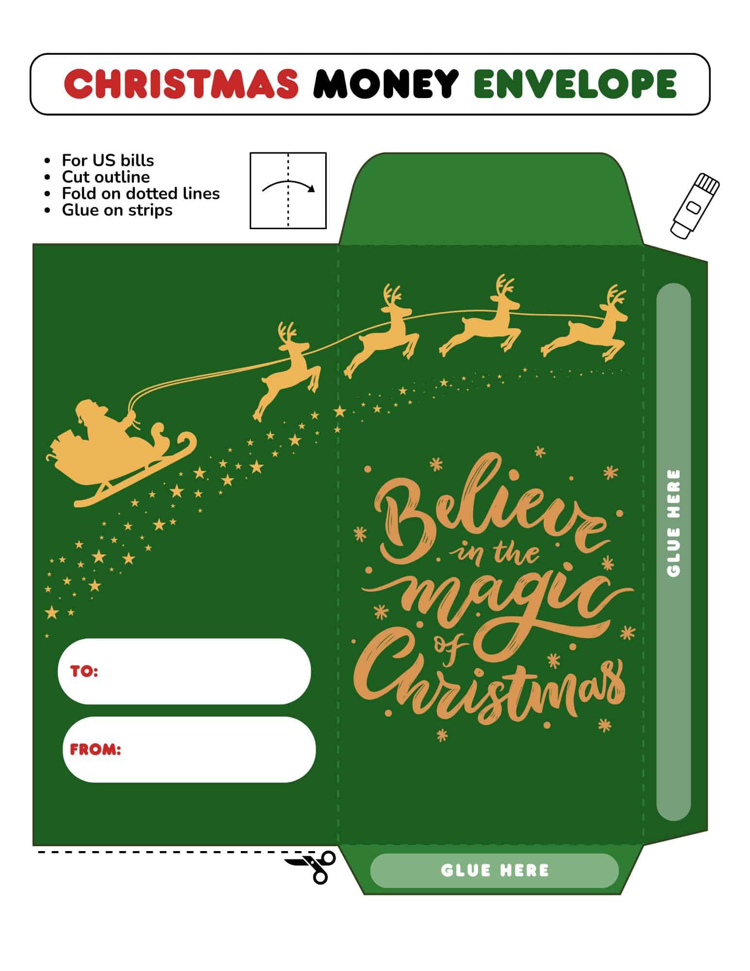 Printable Christmas money envelope template with Santa sleigh on green, and 'Believe in the magic of Christmas.'