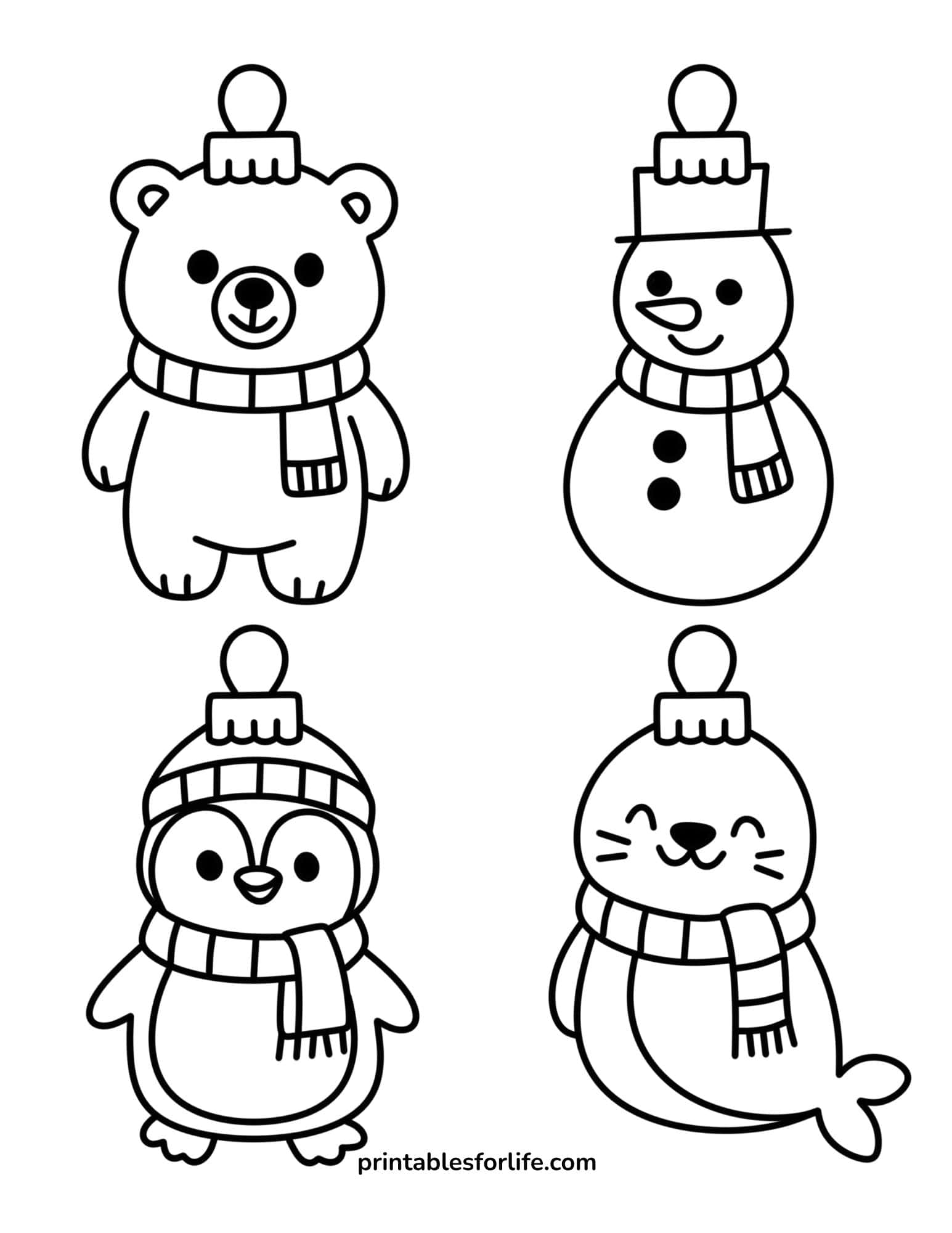 Four printable Christmas ornaments to color: bear, snowman, penguin and cat.