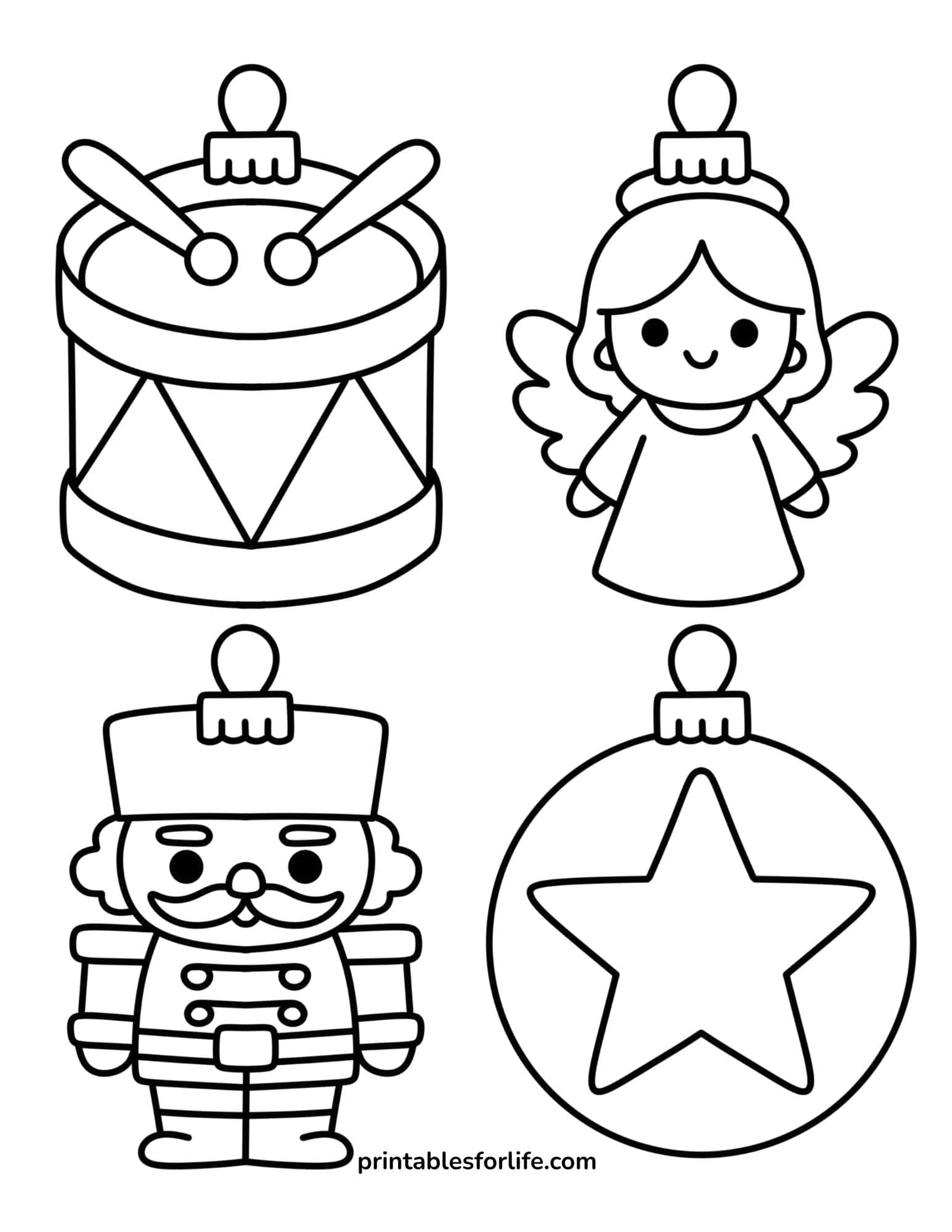 Black and white printable Christmas ornaments coloring sheet with a drum, angel, nutcracker, and star.