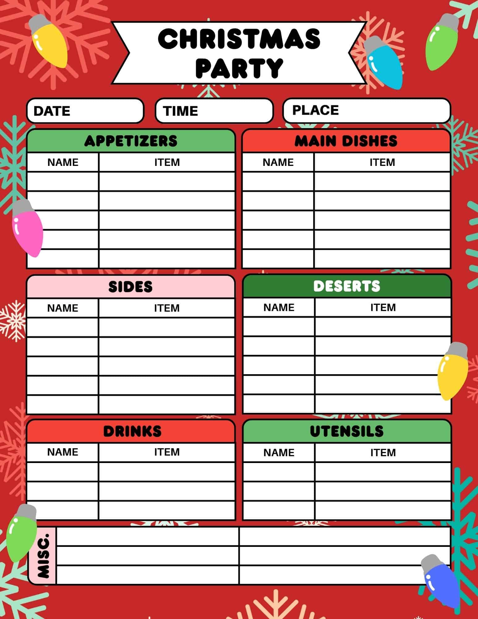 Printable Christmas party sign up sheet with sections for appetizers, main dishes, sides, desserts, drinks, utensils, and misc.