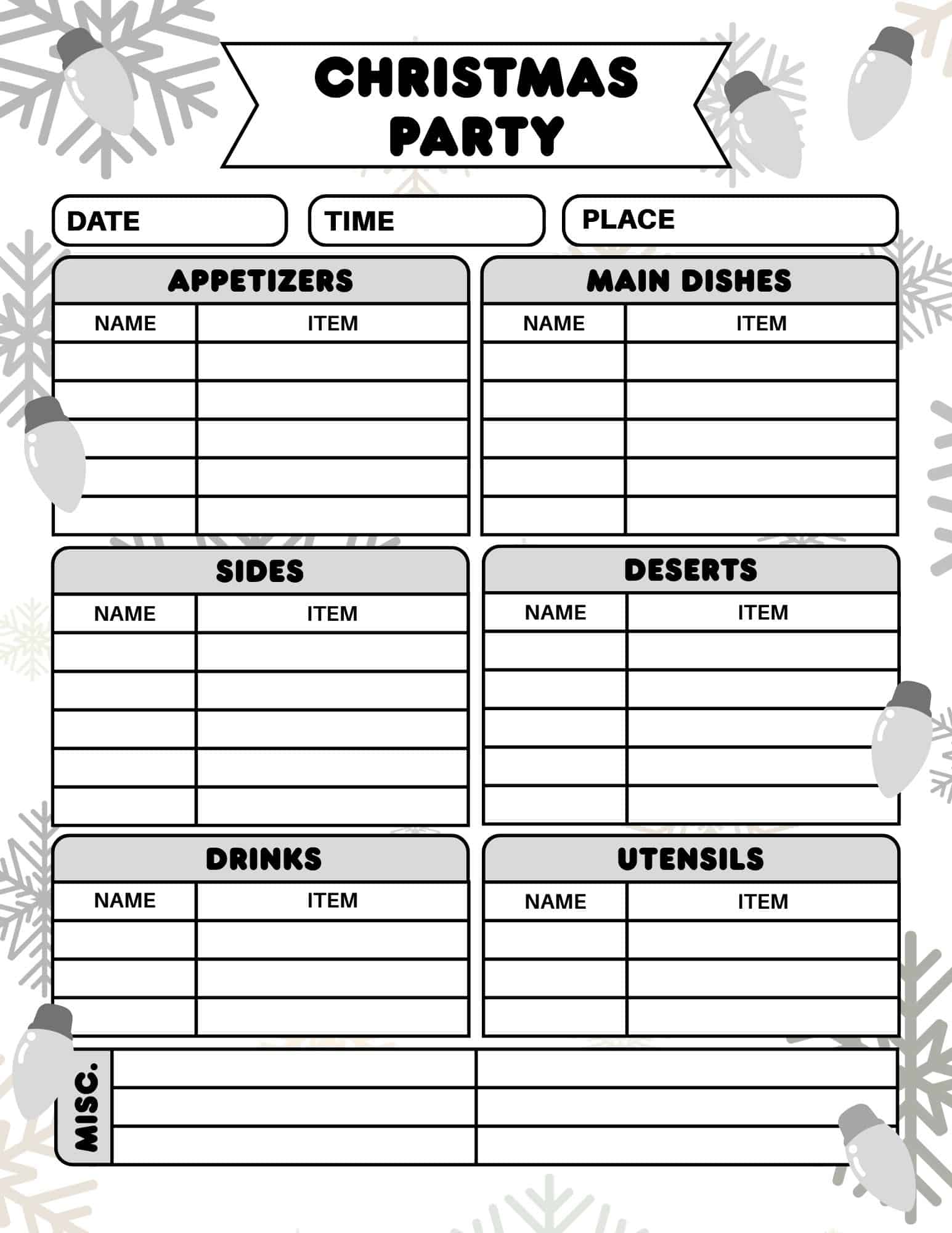 Printable Christmas party sign up sheet with sections for date, time, place and food categories.