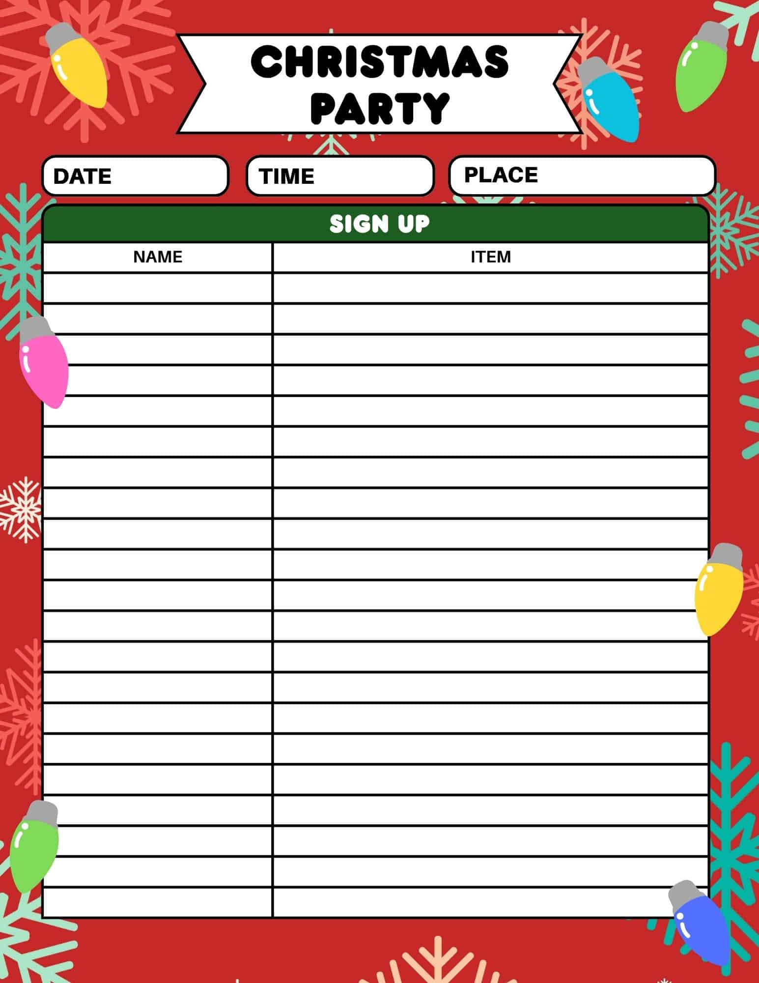 Printable Christmas party sign up sheet with Date, Time, Place fields and a sign-up table on a red festive background.