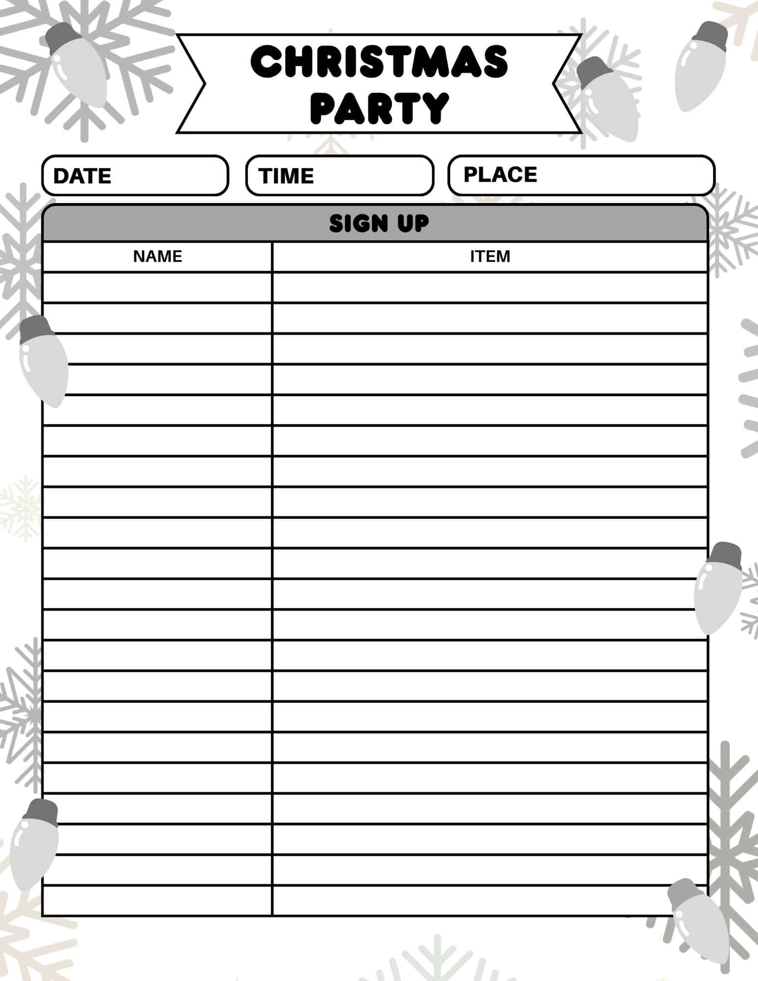 Printable Christmas party sign up sheet with date, time, place and a large grid.
