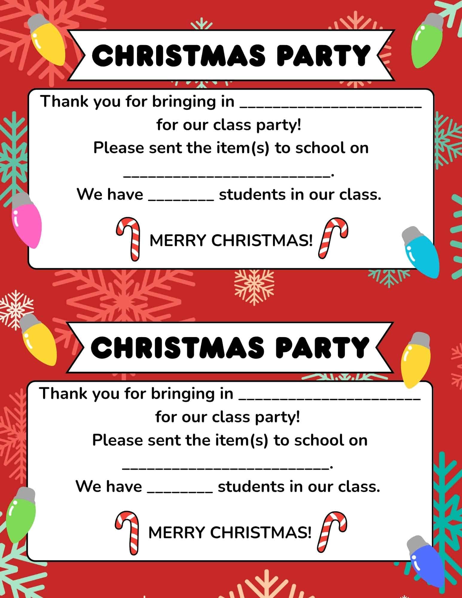 Printable Christmas party sign up sheet on a red background with candy canes; for teachers or school parties.