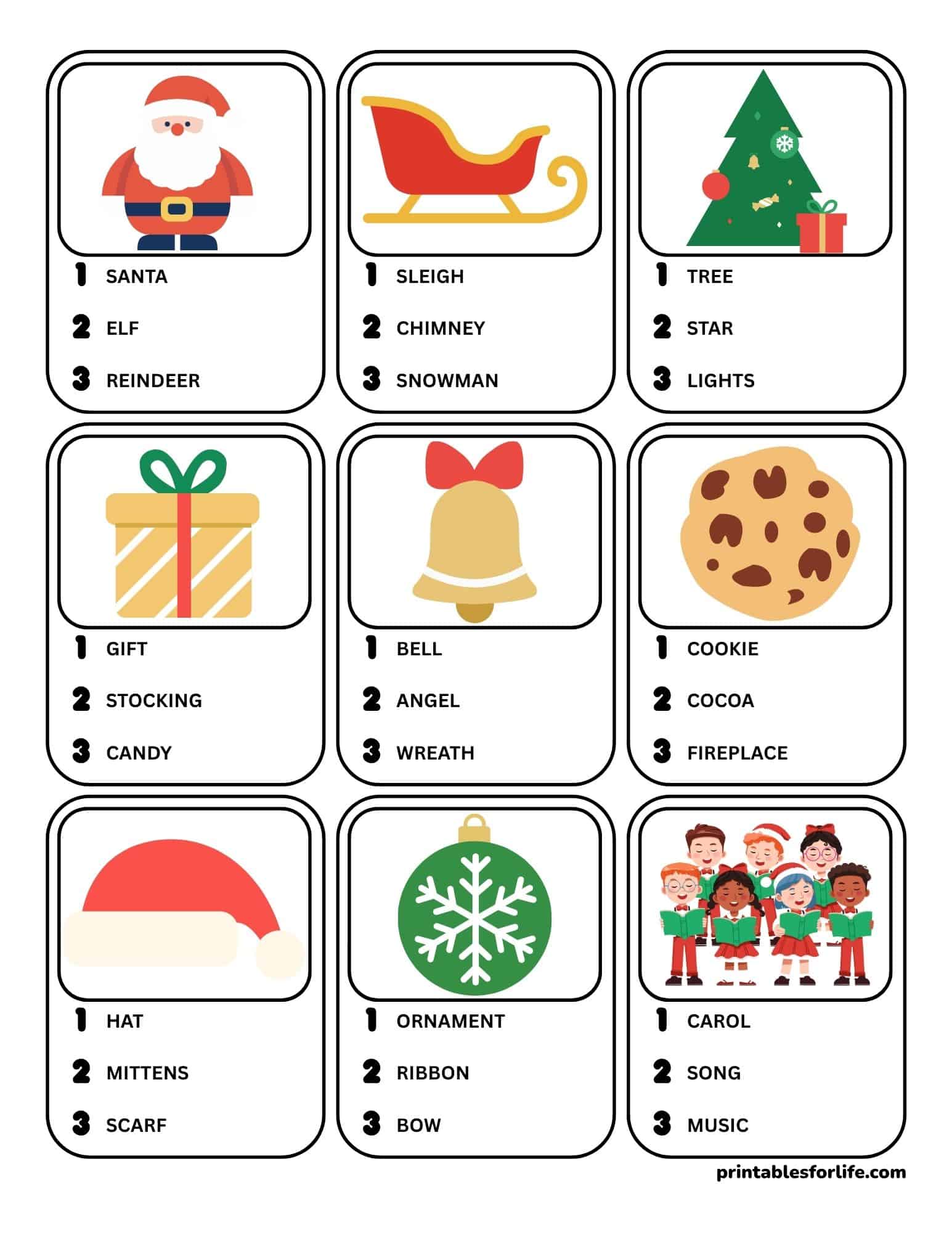Printable Christmas pictionary game cards for family and kids, with festive images and three word options on each card.