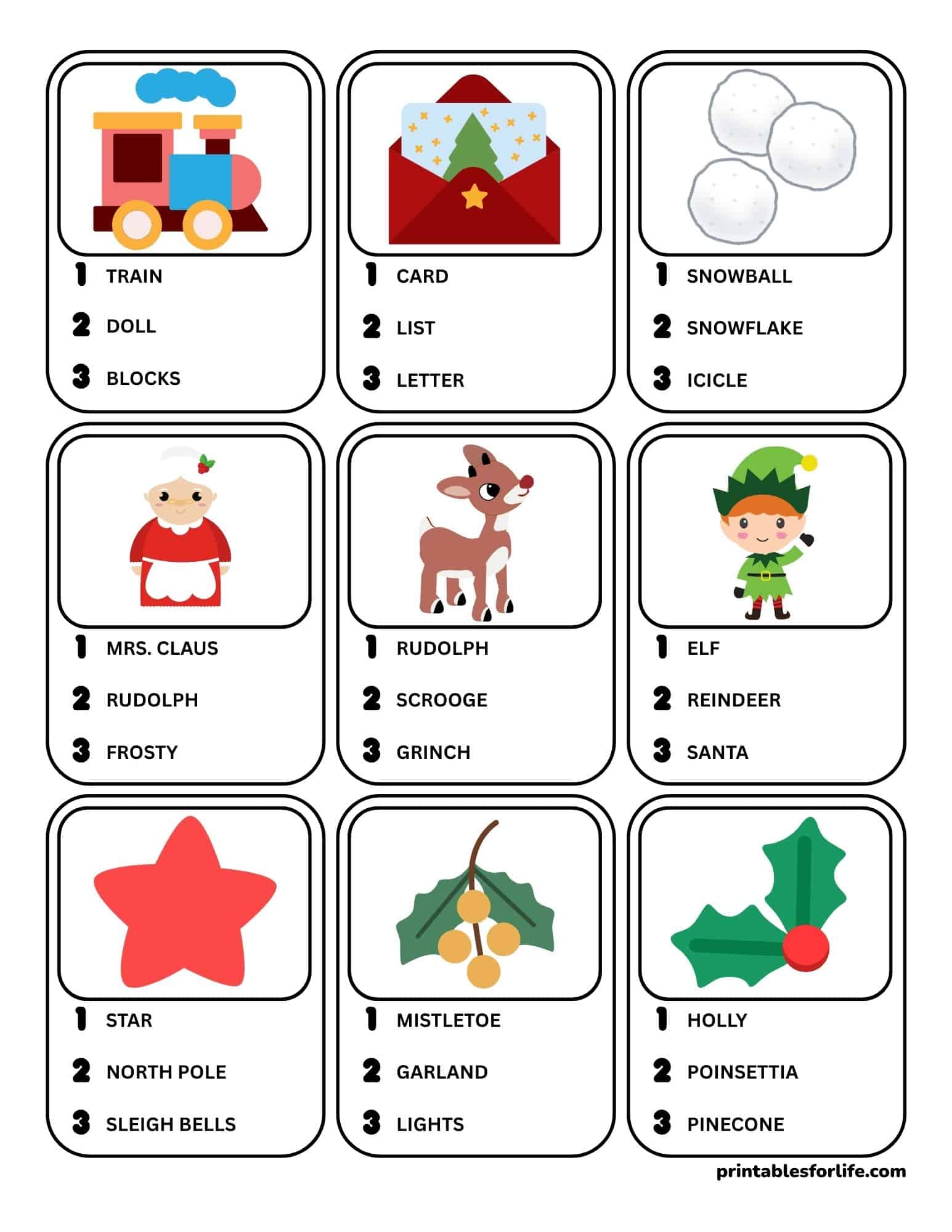 Printable Christmas pictionary game cards with holiday images and word lists for kids and family.