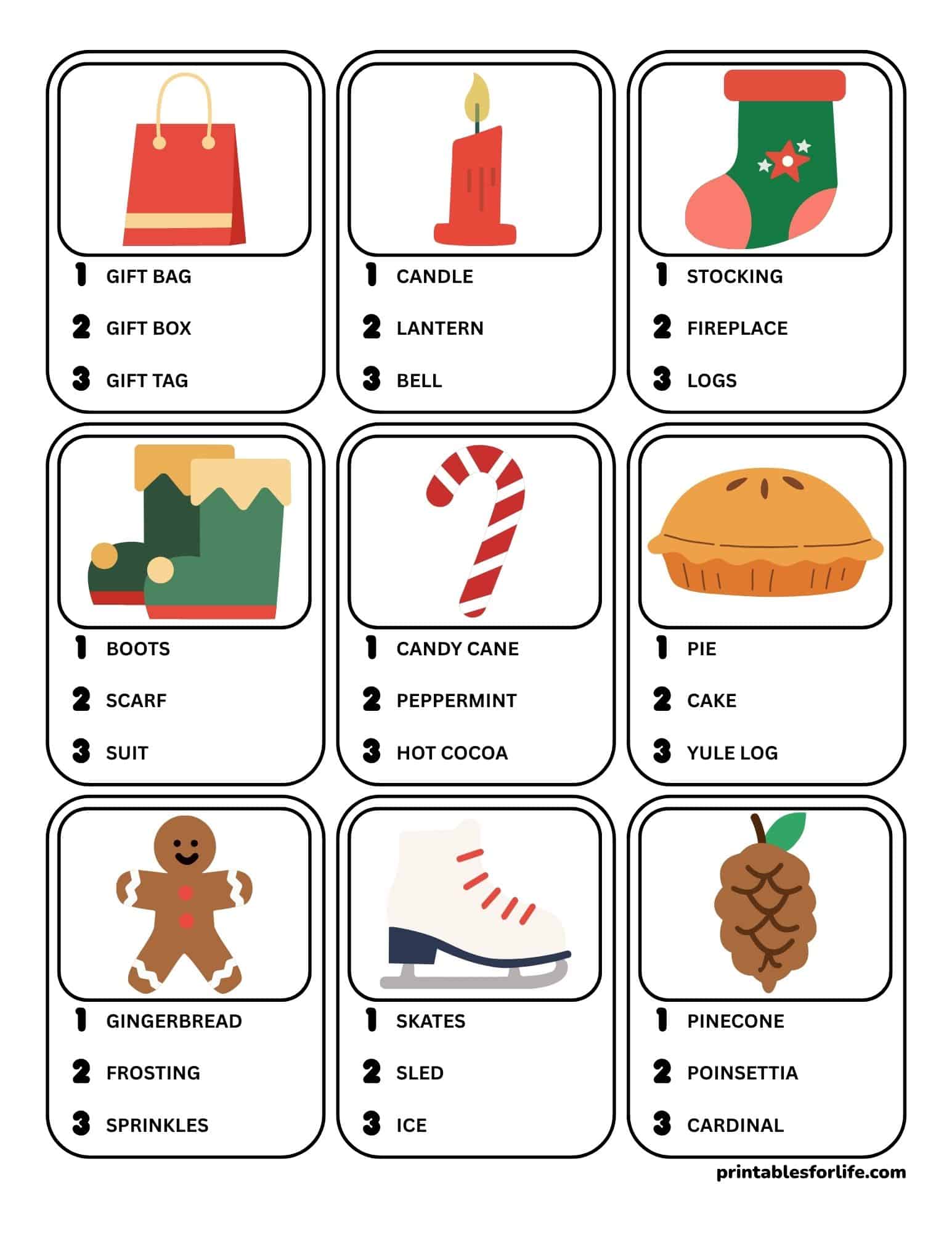 Row of printable Christmas pictionary game cards with festive pictures and three-word prompts.