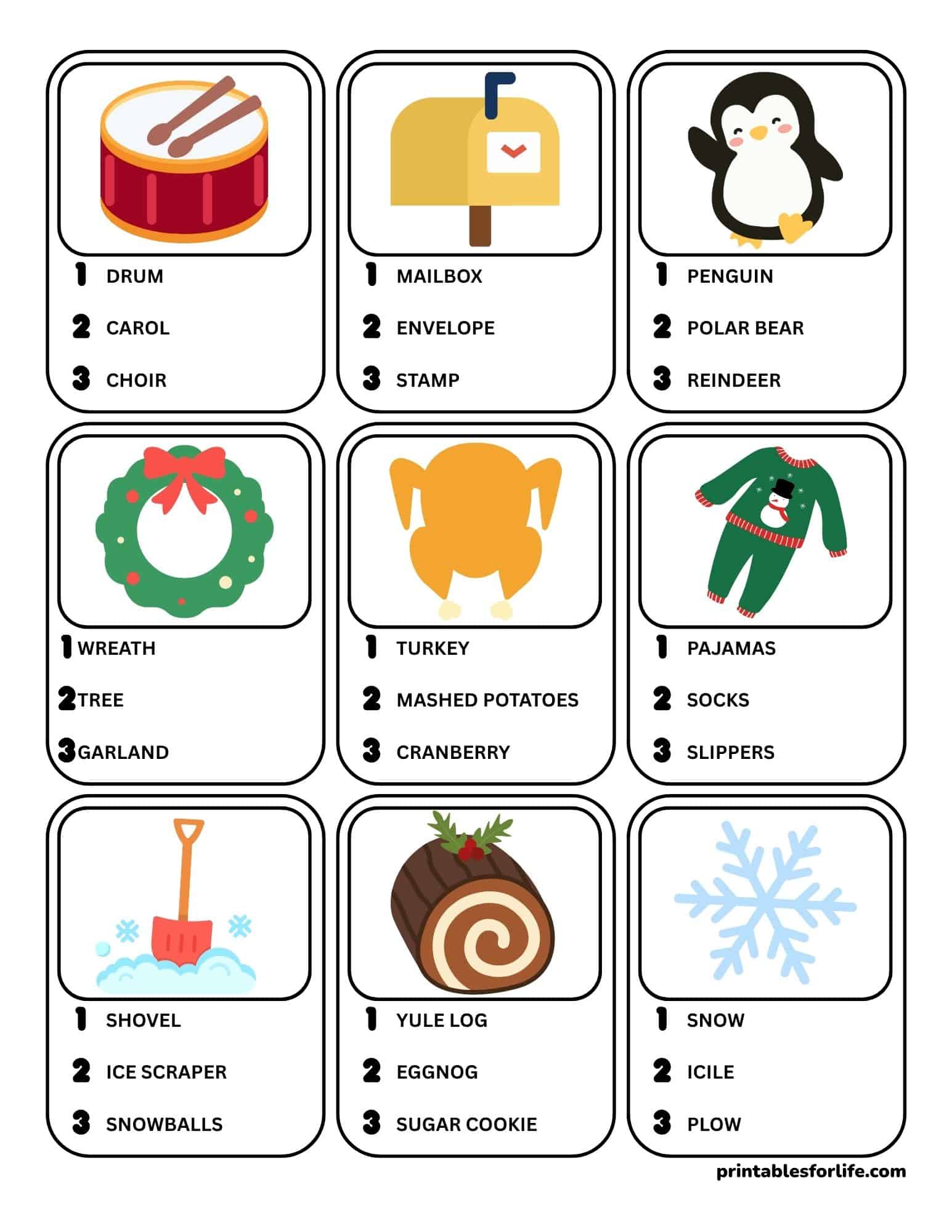 Printable Christmas pictionary cards grid with picture prompts and word lists for family and kids.