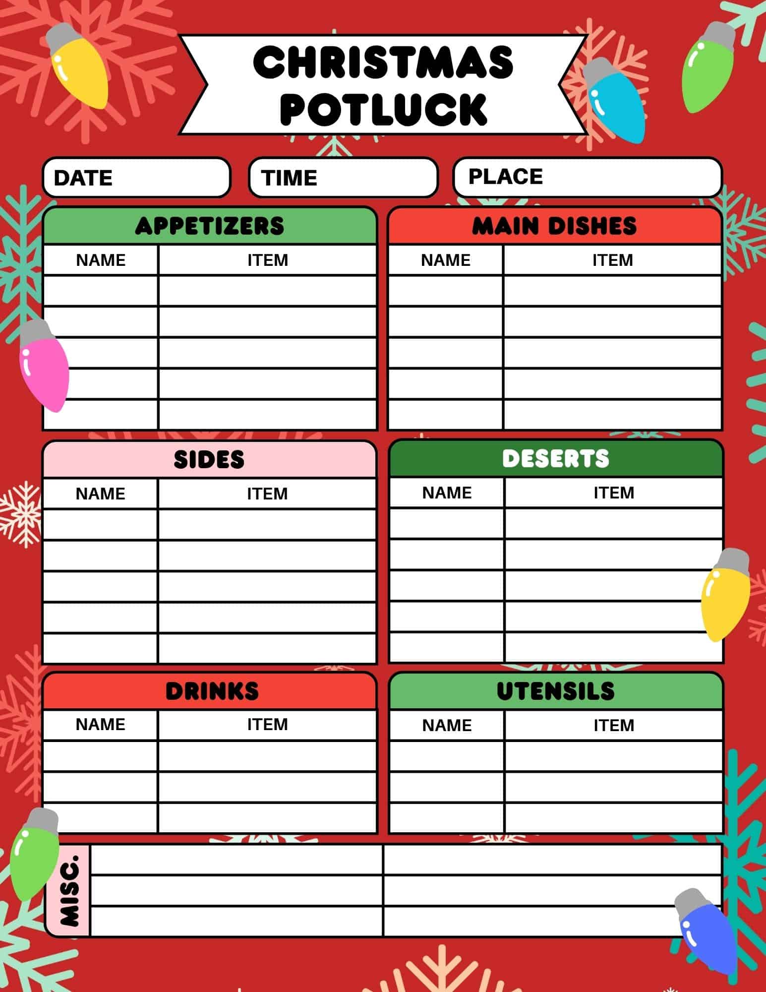 Colorful printable Christmas potluck sign up sheet template with date, time, place and dish categories.